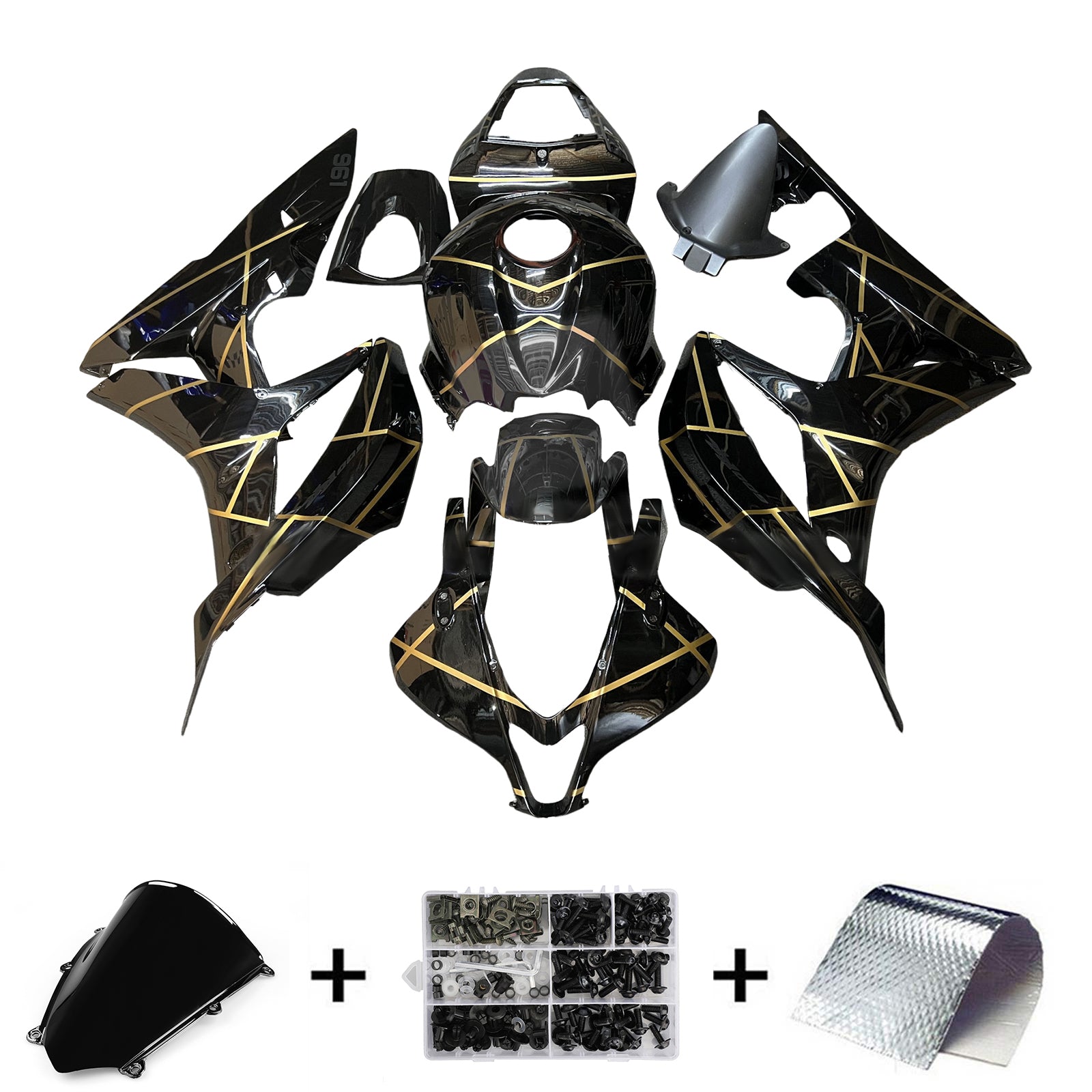 Amotopart 2009-2012 Honda CBR600RR Black Gold Lignes Kit de carénage