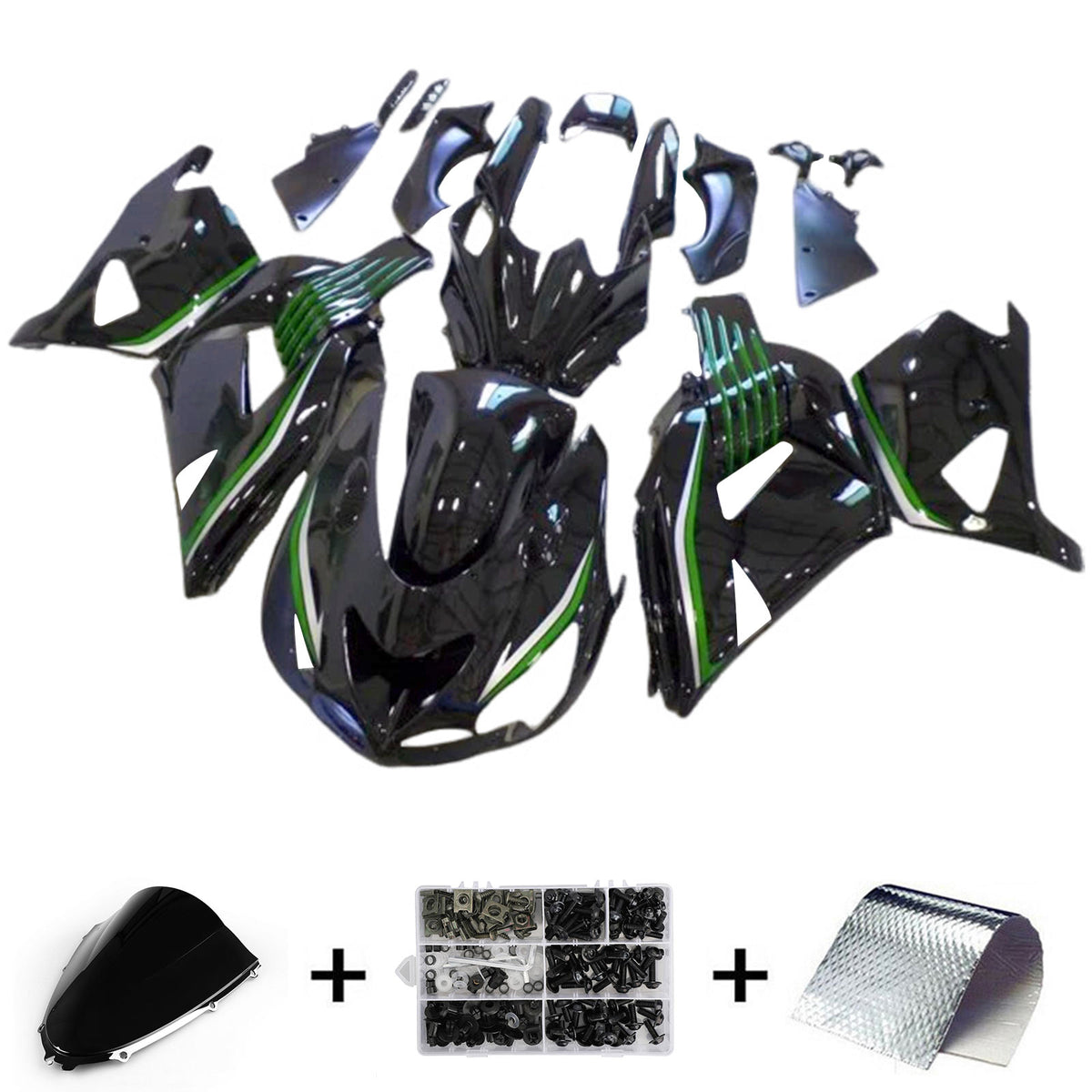 Amotopart 2006-2011 Kawasaki ZX14R ZZR1400 Kit de carénage noir brillant et vert