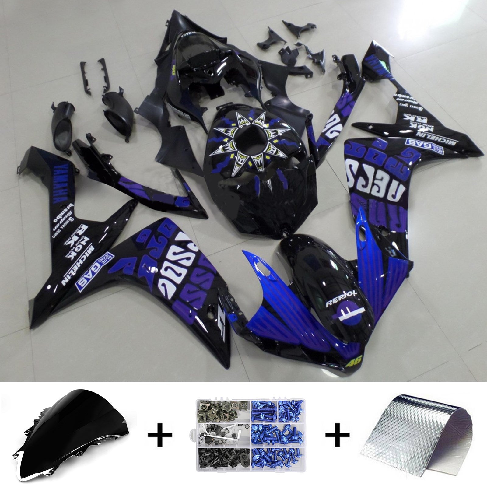 Amotopart 2007–2008 Yamaha YZF 1000 R1 Verkleidungsset in glänzendem Blau und Schwarz