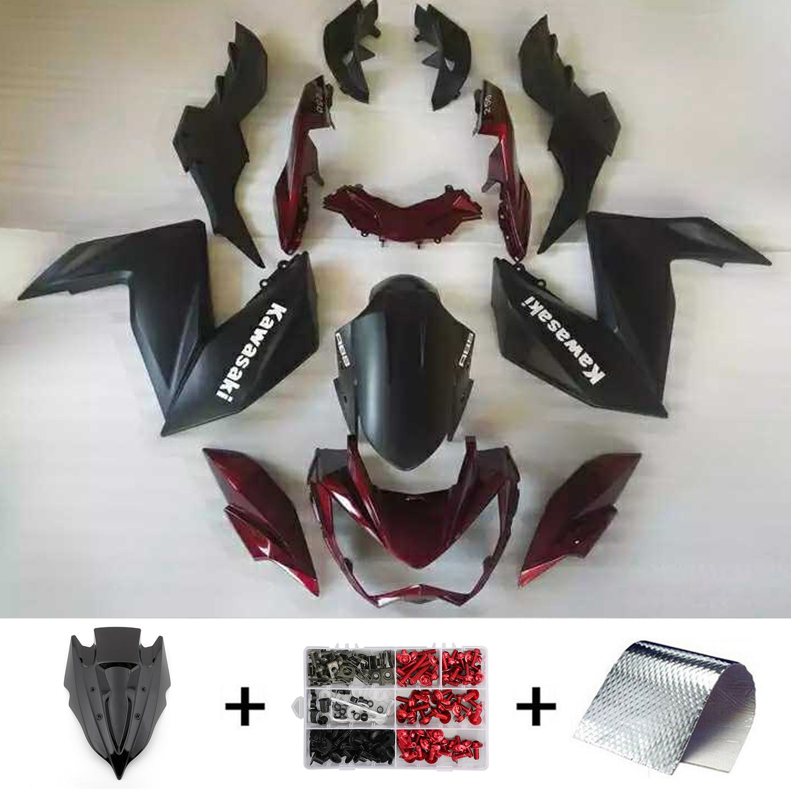 Amotopart 2015-2016 Z250 Z300 Kawasaki Kit de carenado rojo oscuro y negro