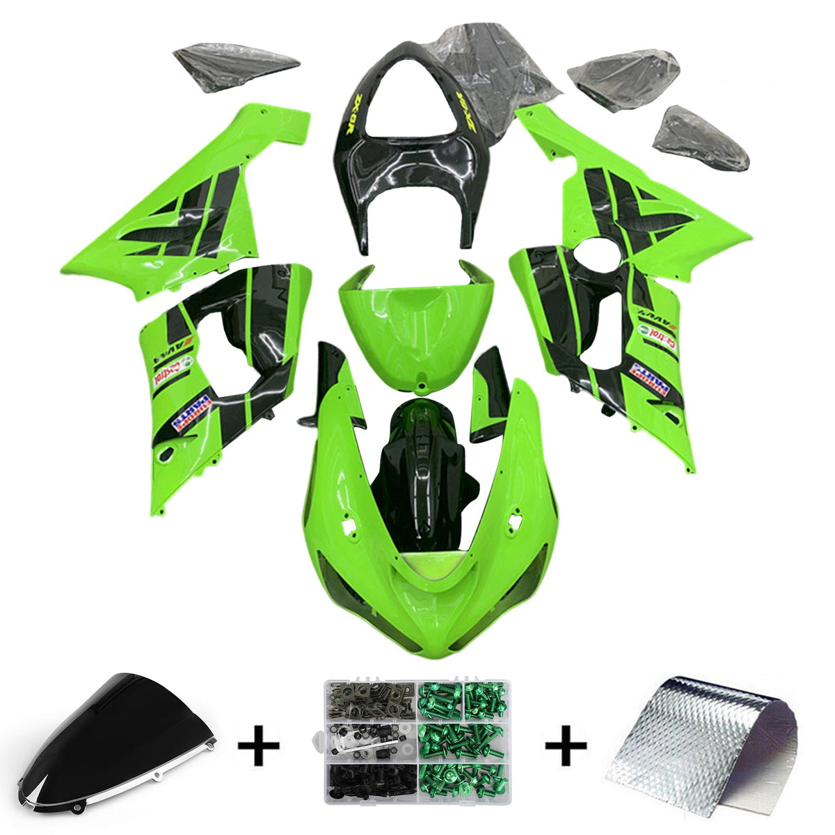 Amotopart 2005-2006 Kawasaki ZX6R 636 Kit de carénage Style2 noir et vert