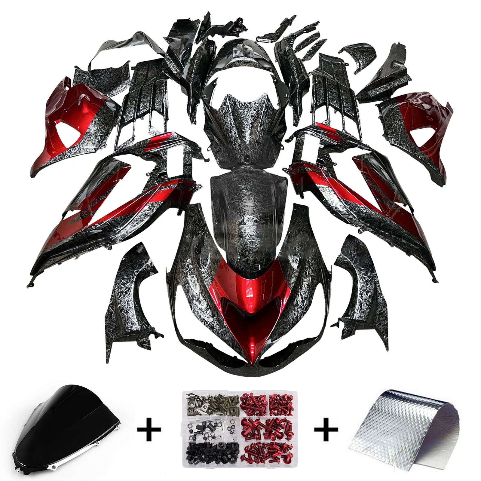 Amotopart 2012-2025 Kawasaki ZX14R ZZR1400 Forged Carbon Fiber Red Fairing Kit