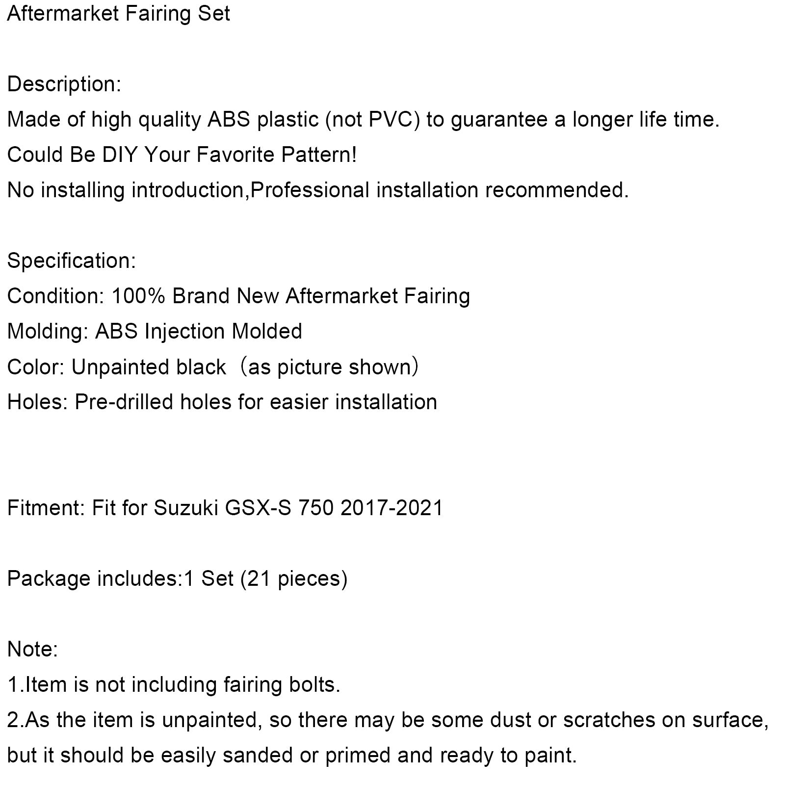 17-24 Suzuki GSXS 750 Bodywork Fairing Kit Injection Molding Unpainted