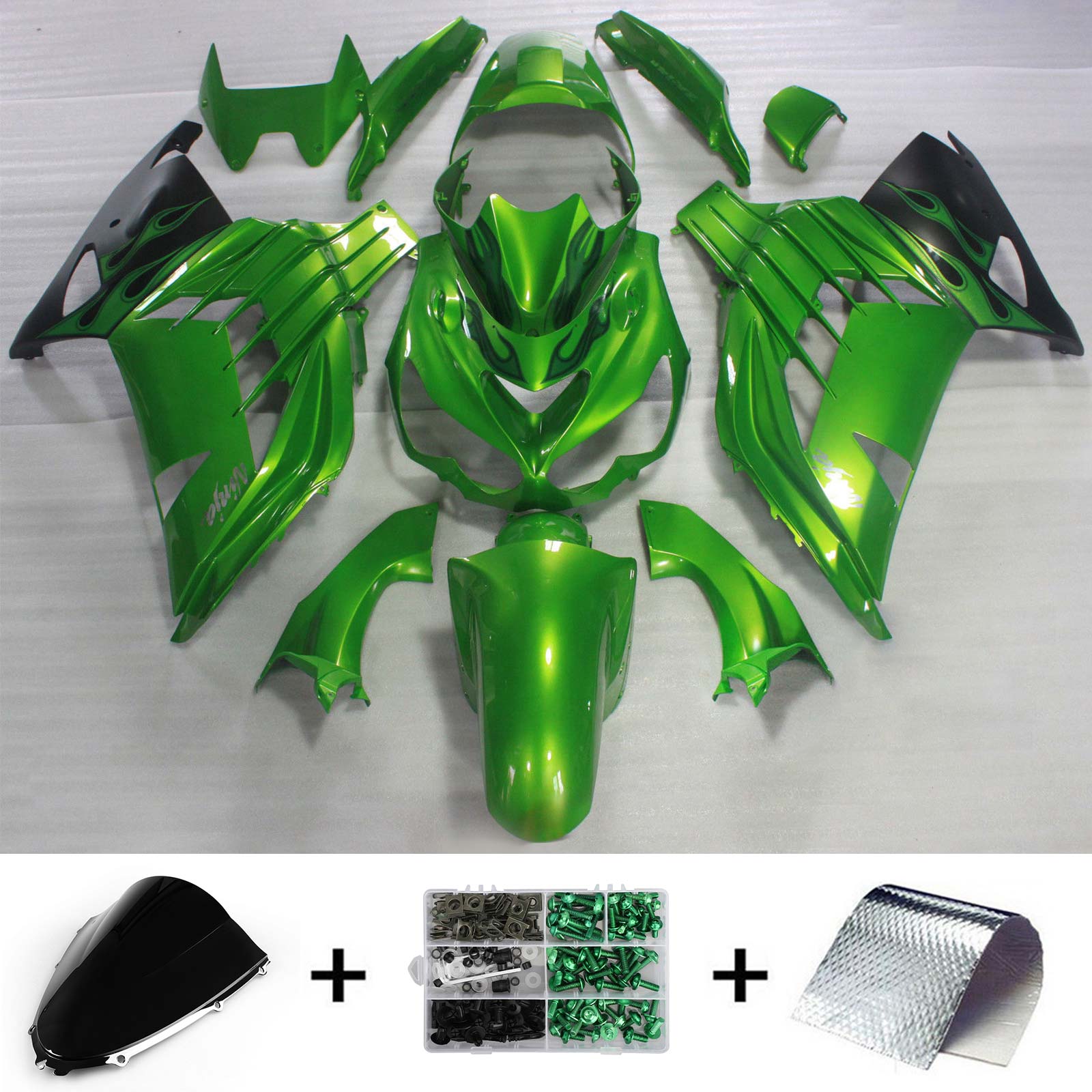 Amotopart 2006–2011 Kawasaki ZX14R Grün &amp; Schwarz Style4 Verkleidungsset