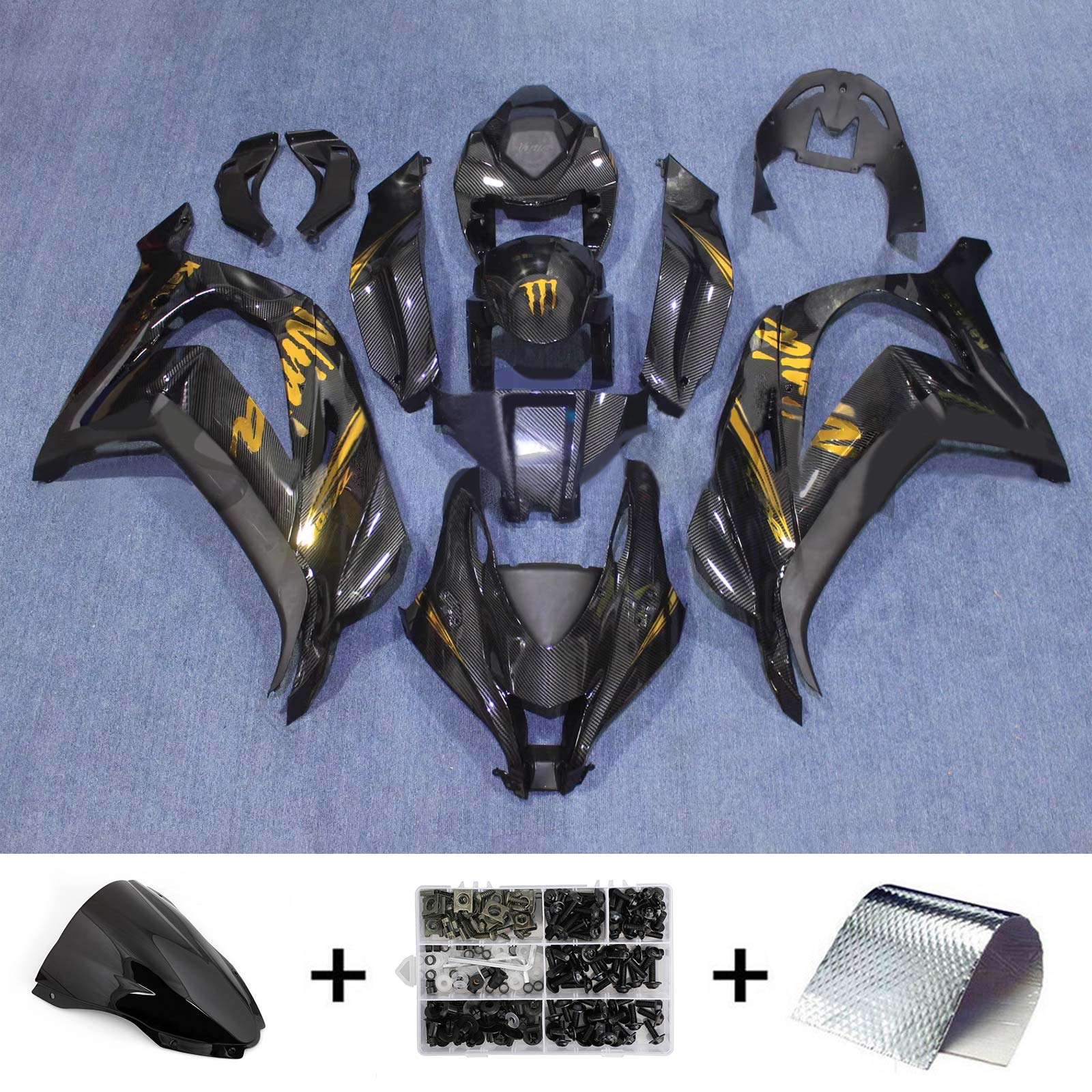 Amotopart 2016-2020 ZX10R Kawasaki Kit de carenado de fibra de carbono y oro