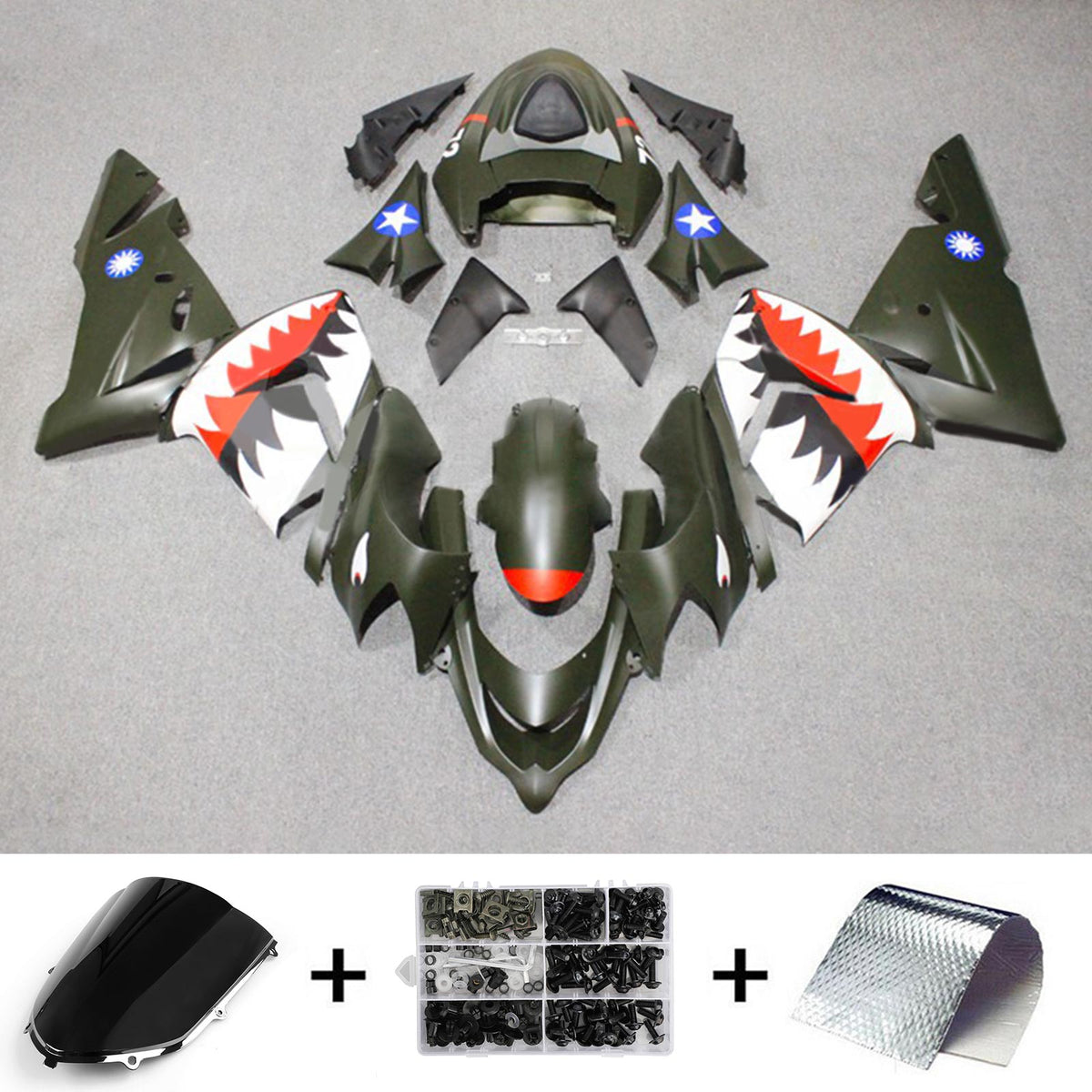 Amotopart 2004-2005 ZX10R Kawasaki Noir Mat avec Kit de Carénage Dents de Requin