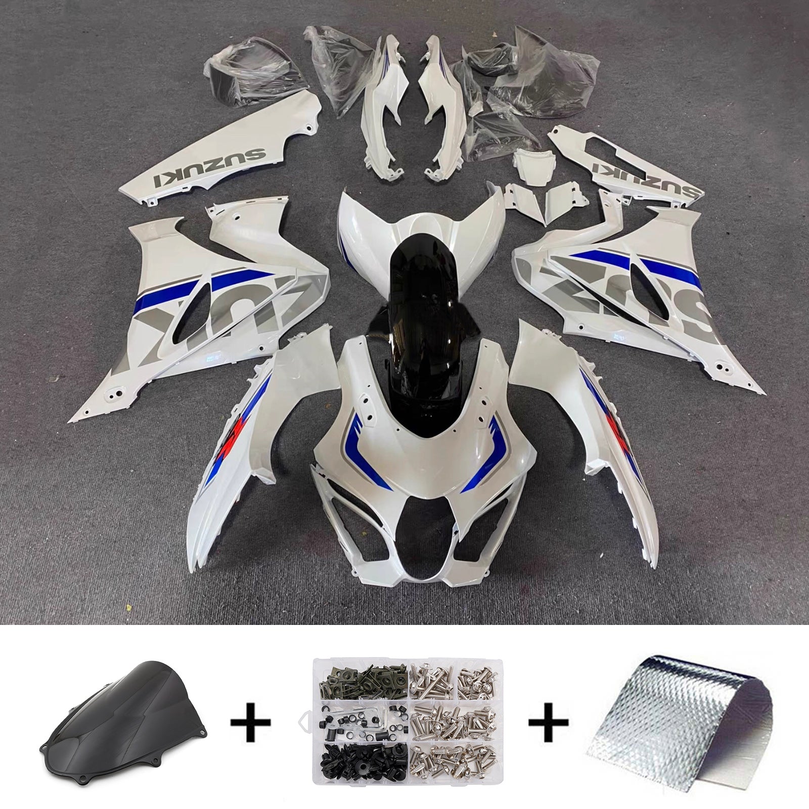 Amotopart 2017-2025 Suzuki GSXR1000 White Gray Blue Fairing Kit