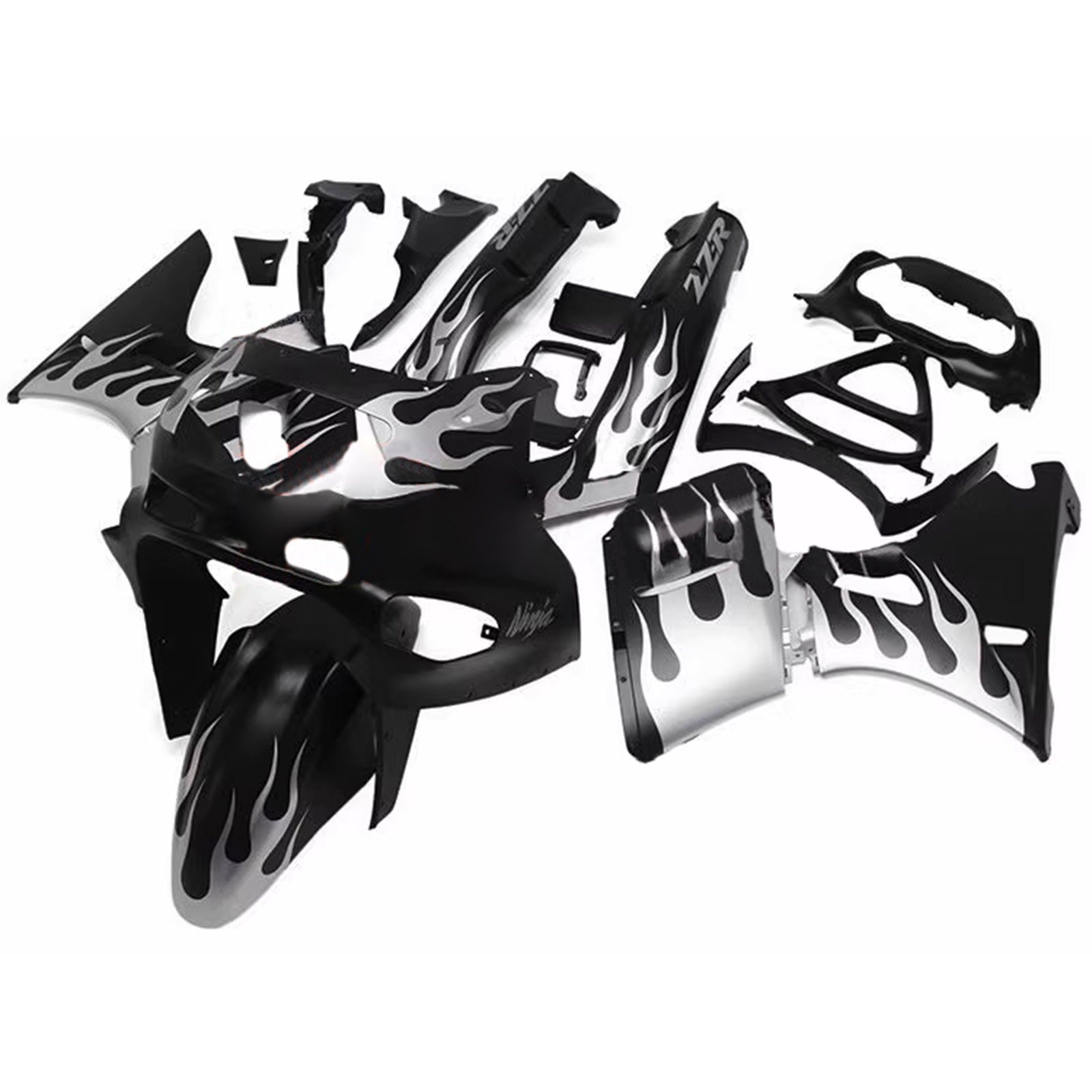 Amotopart ZZR400 1993-2007 ZZR600 1998-2003 Kawasaki Black with Silver Flame Fairing Kit