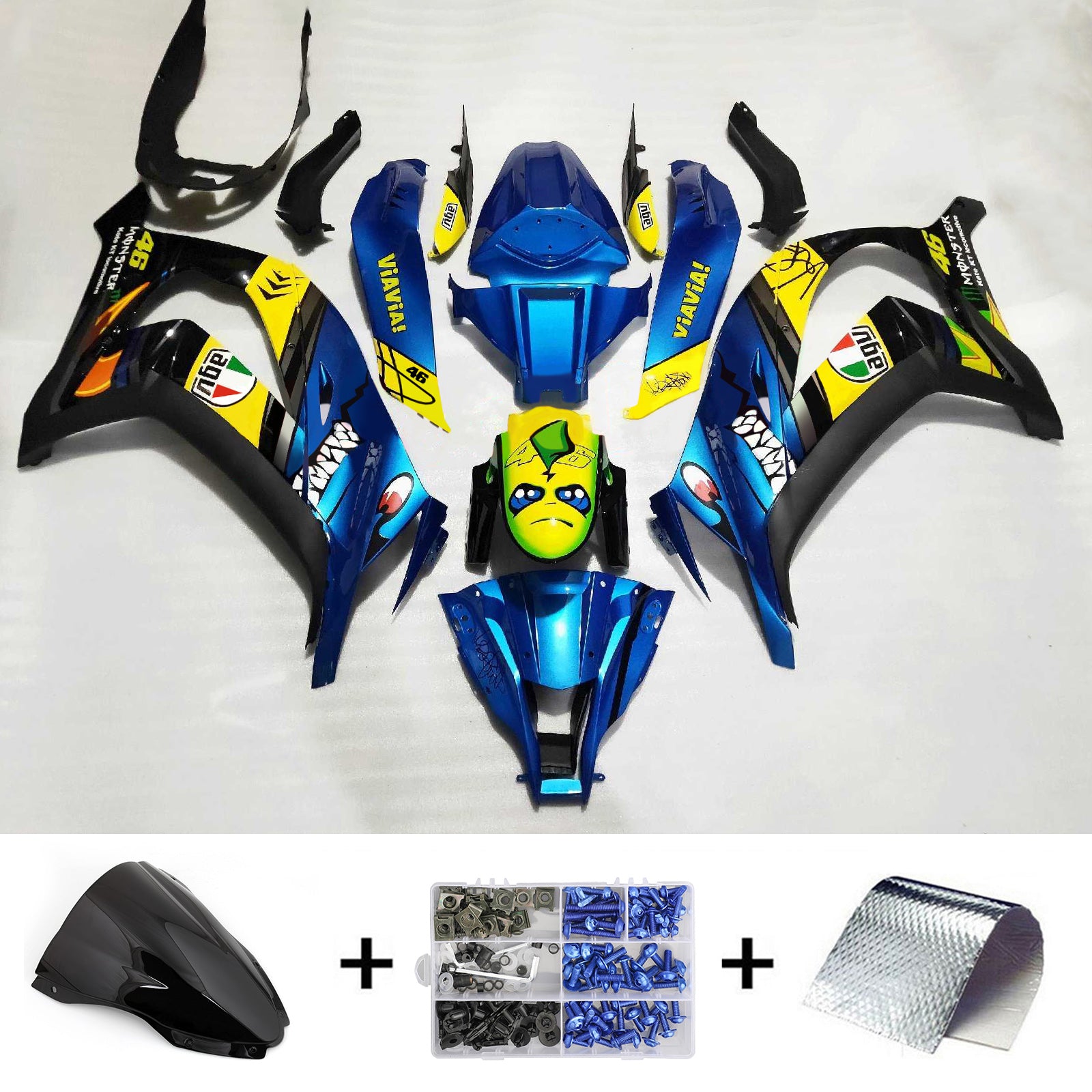 Amotopart 2016-2020 Kawasaki ZX10R Kit de carenado Monster azul y amarillo