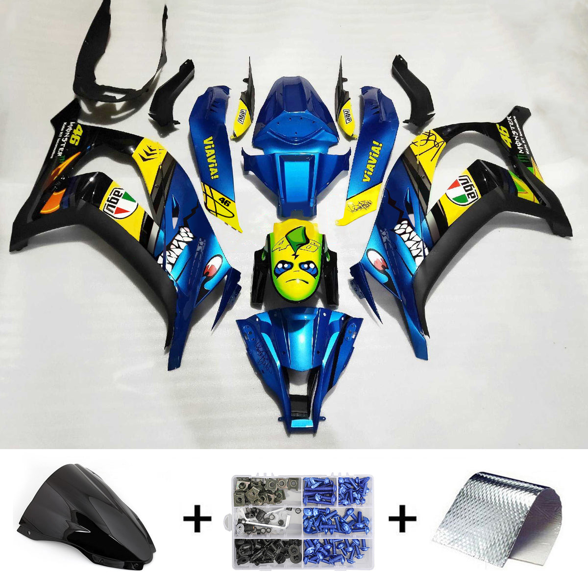 Amotopart 2016-2020 Kawasaki ZX10R Blue&Yellow Monster Fairing Kit