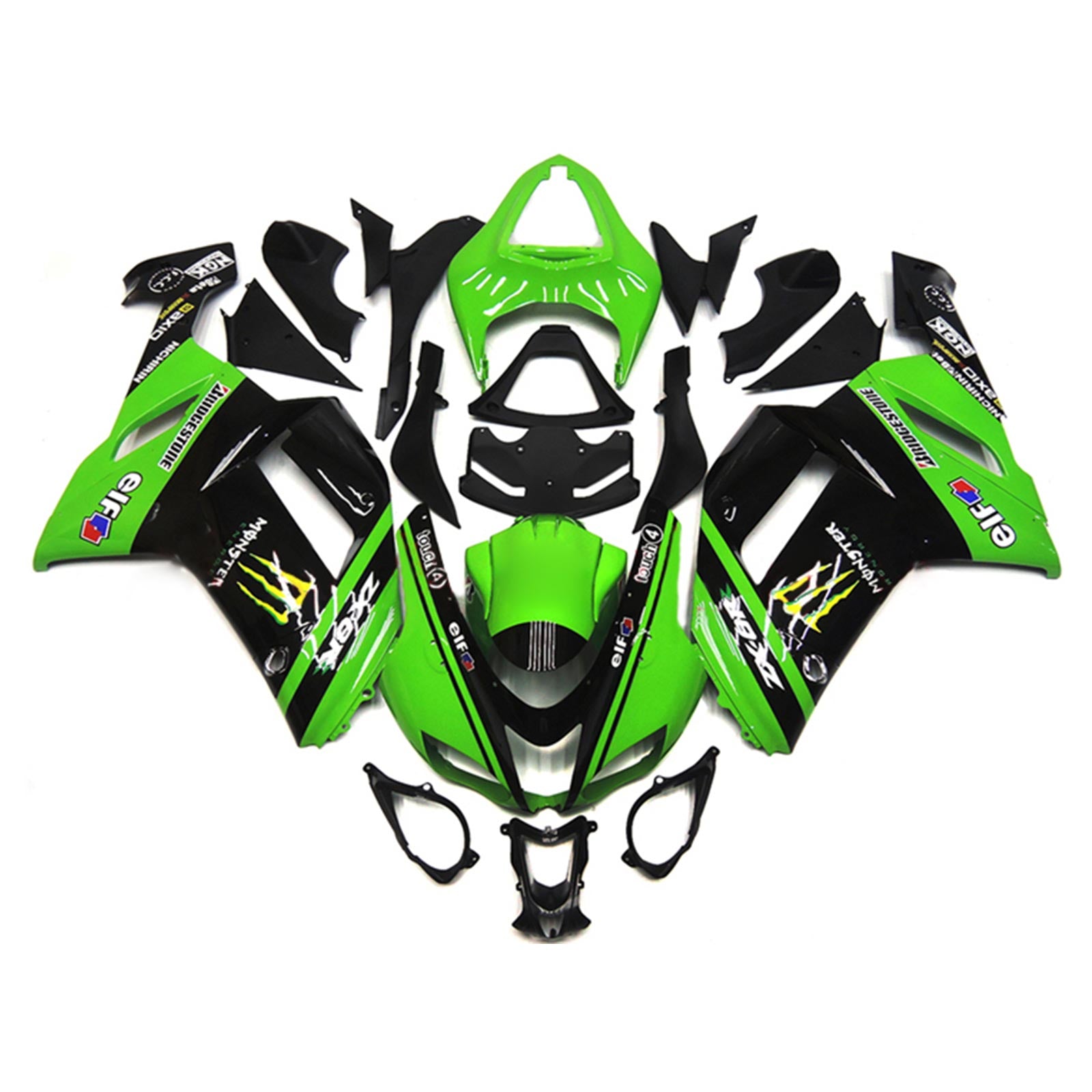 Amotopart 2007-2008 Kawasaki ZX6R 636 Black&Green Fairing Kit