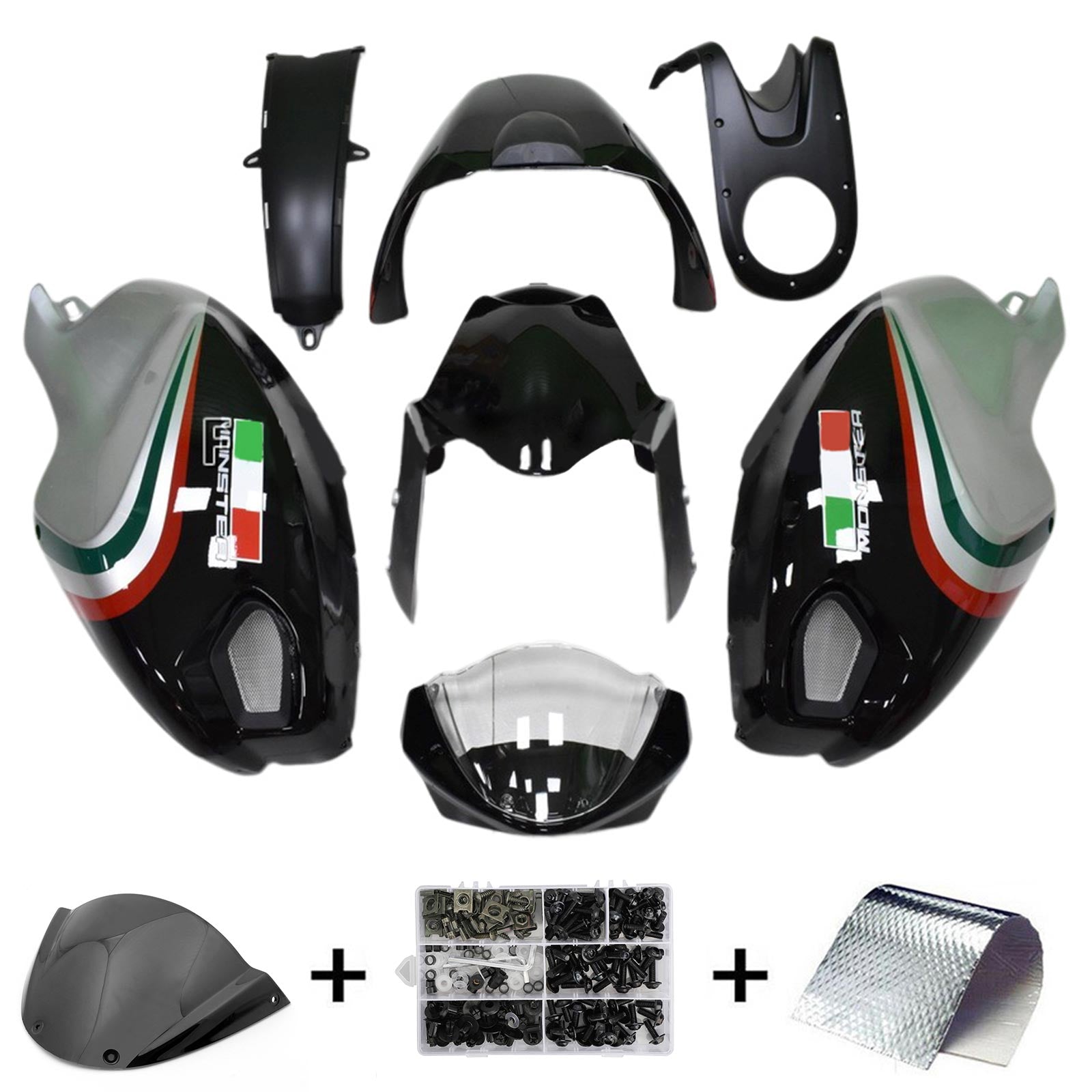 Amotopart Kit de carénage Ducati Monster 696 796 1100 S EVO toutes années noir et argent