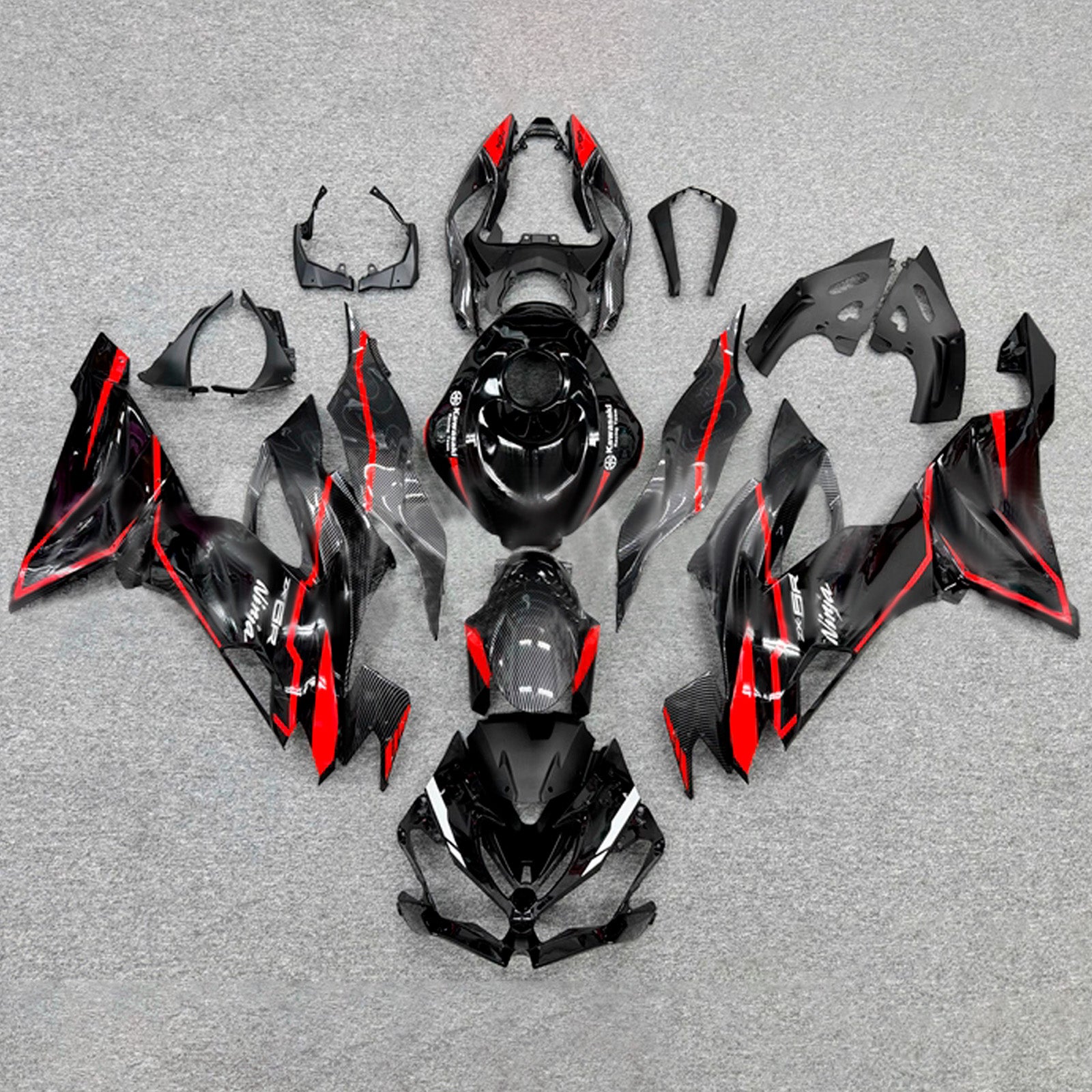 Amotopart 2019-2023 Kawasaki ZX6R Black Red Carbon Fiber Pattern Fairing Kit