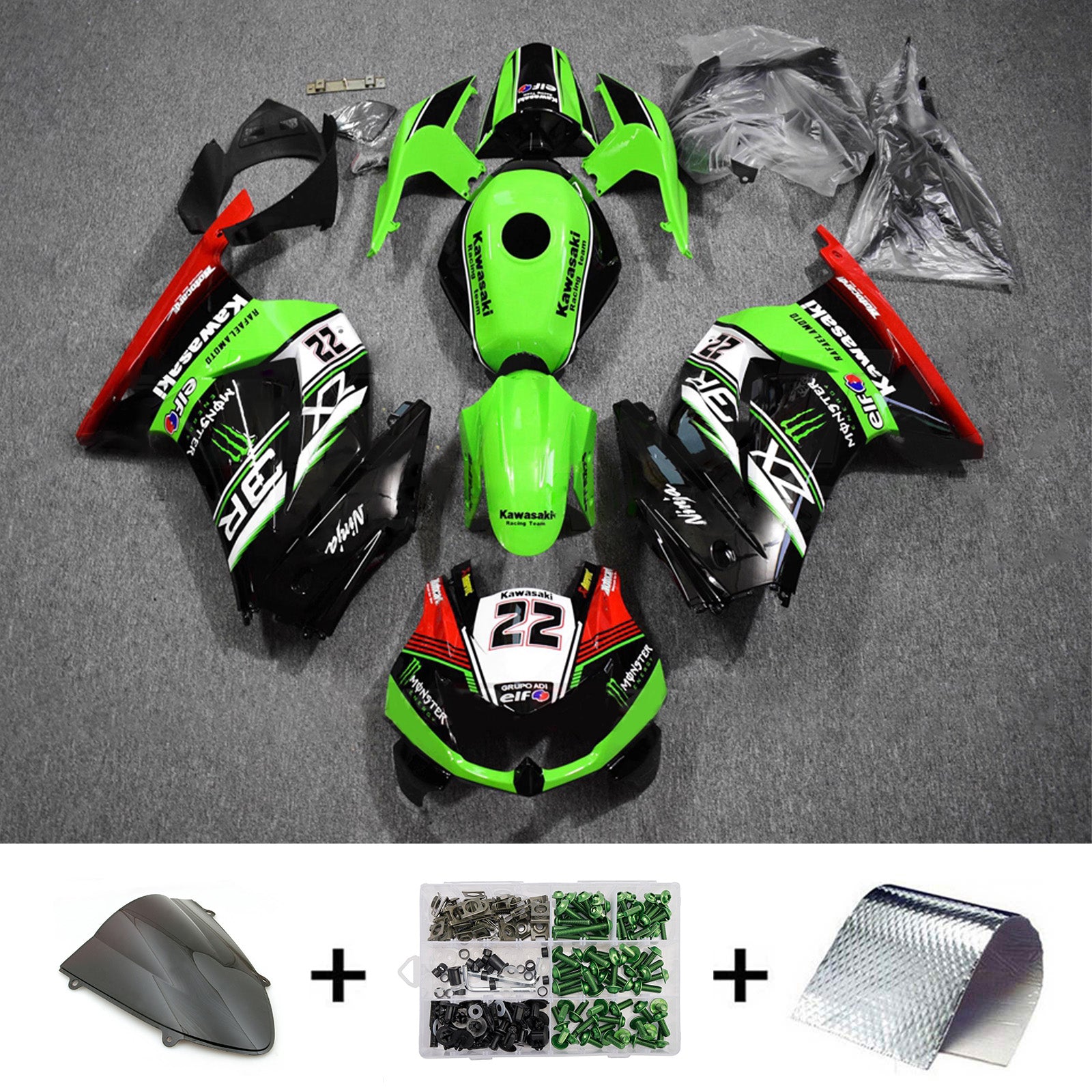 Amotopart 2008-2012 Kawasaki EX250/Ninja250R Green Black White Red Fairing Kit