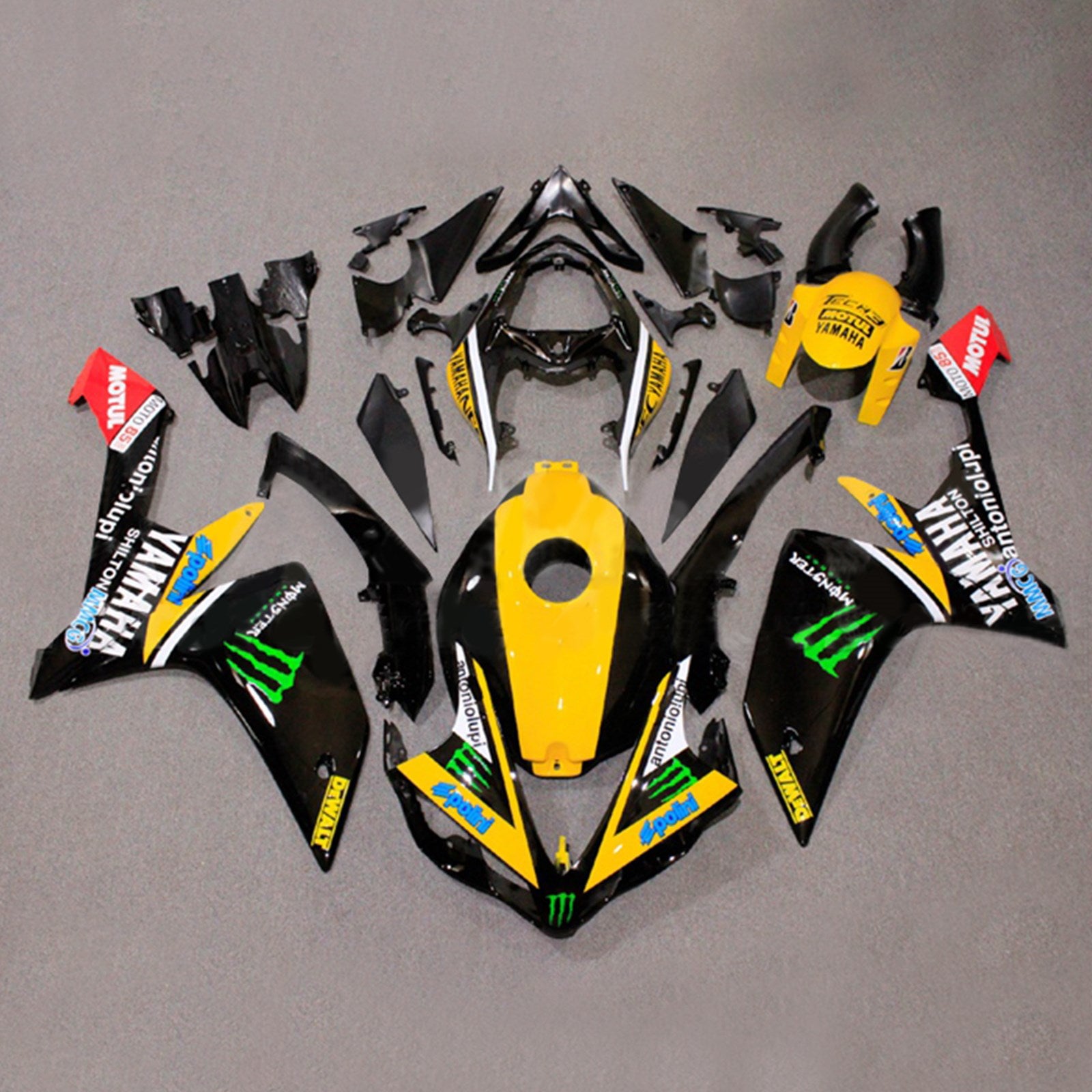 Amotopart 2007-2008 Yamaha YZF 1000 R1 amarillo y negro con kit de carenado con logotipo Monster