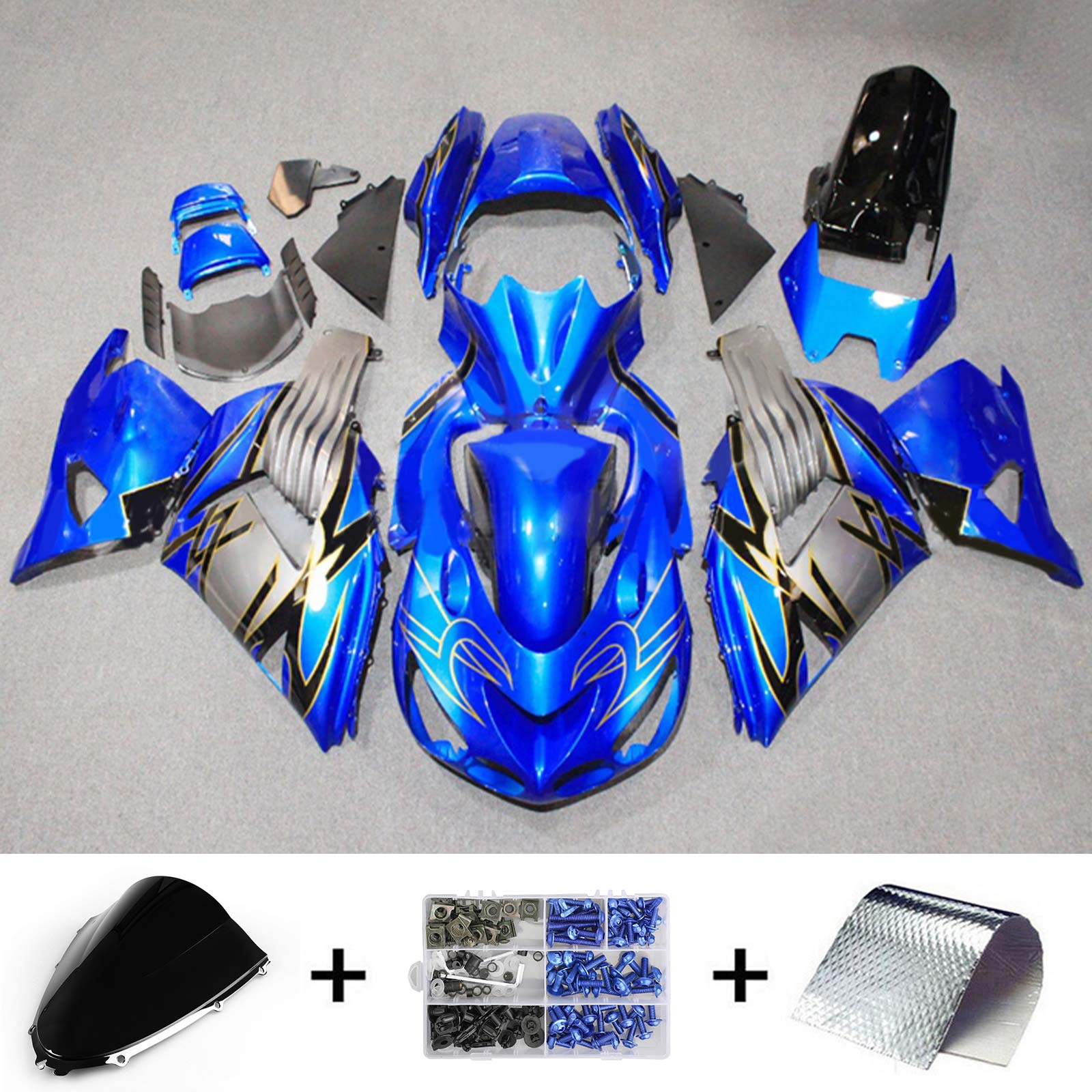 Amotopart 2006–2011 Kawasaki ZX14R Verkleidungsset in Blau und Grau