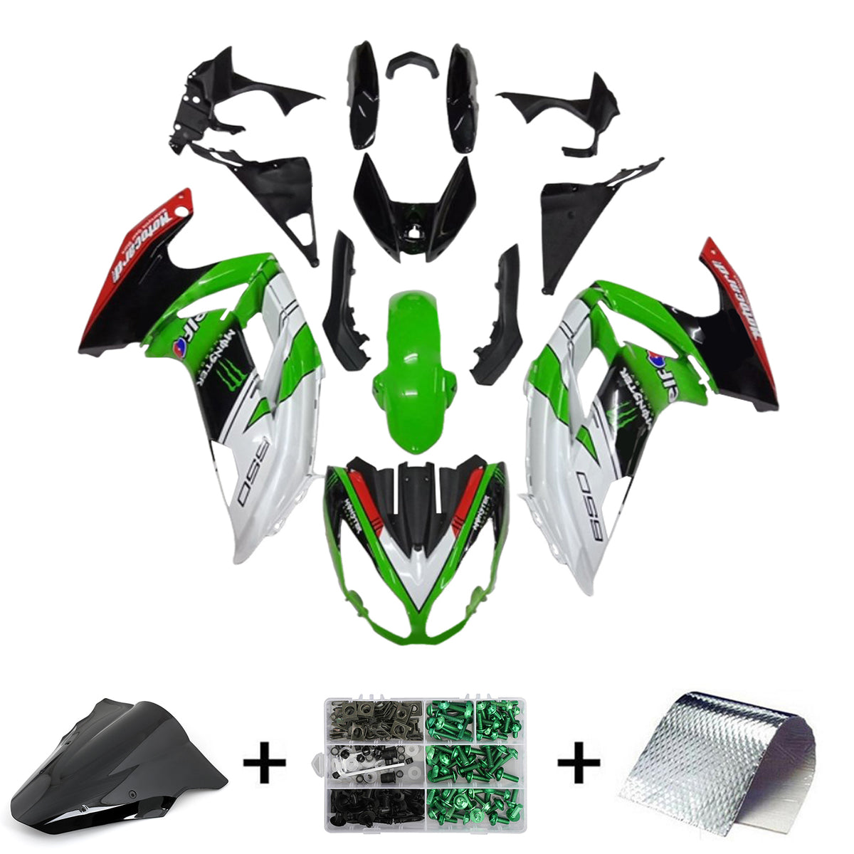 Amotopart 2012-2016 Kawasaki ER6F/Ninja650 Kit de carénage noir brillant vert blanc rouge