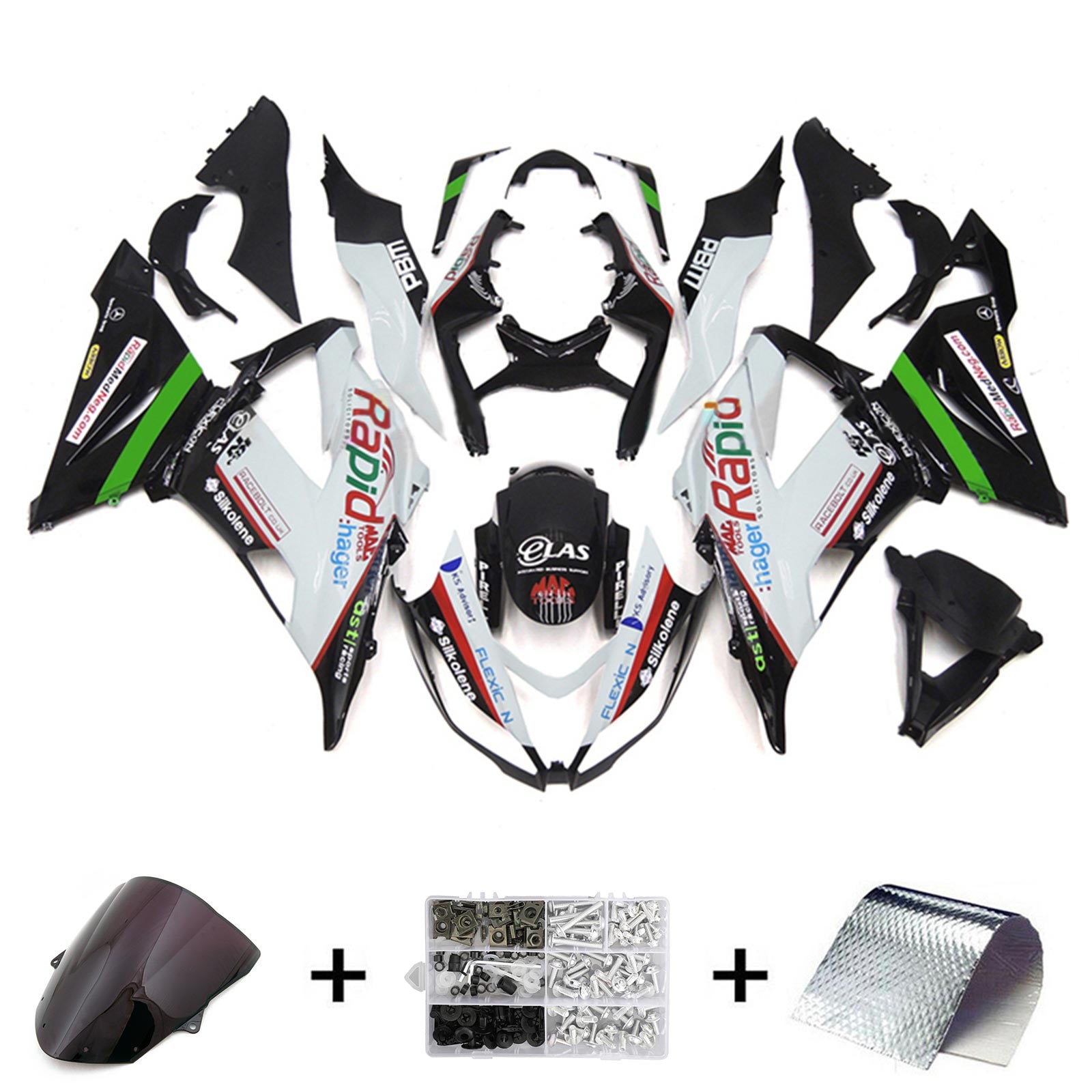 Amotopart Kawasaki ZX6R 636 2013-2018 blanc et vert avec kit de carénage logo