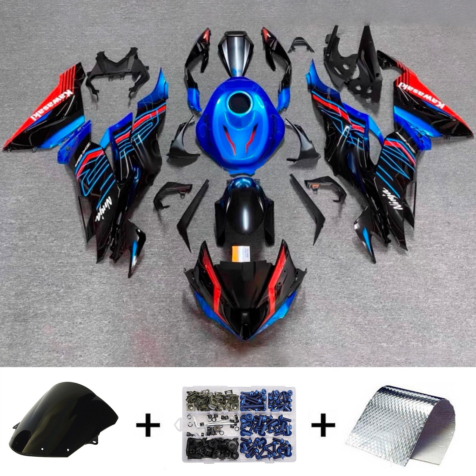 Amotopart 2019-2023 Kawasaki ZX6R Black Blue Red Fairing Kit