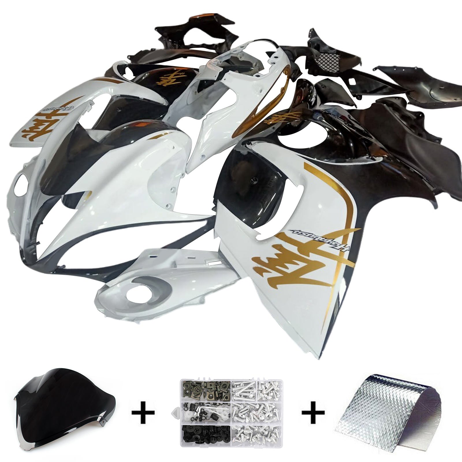 Amotopart 2008–2020 GSX1300R Hayabusa Suzuki Weiß mit goldenem Logo Verkleidungsset