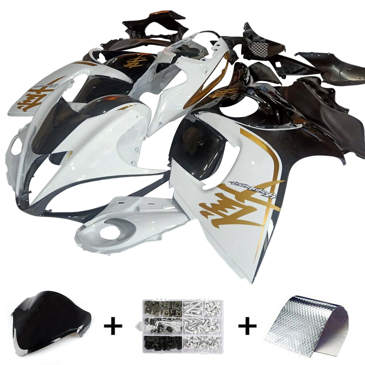 Amotopart 2008-2020 GSX1300R Hayabusa Suzuki Kit de carénage blanc avec logo doré