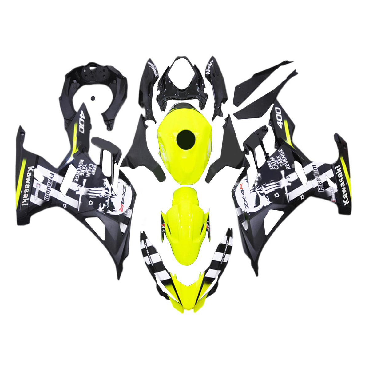 Amotopart 2018-2024 Kawasaki EX400 Ninja400 Kit de carenado de calavera amarillo y negro