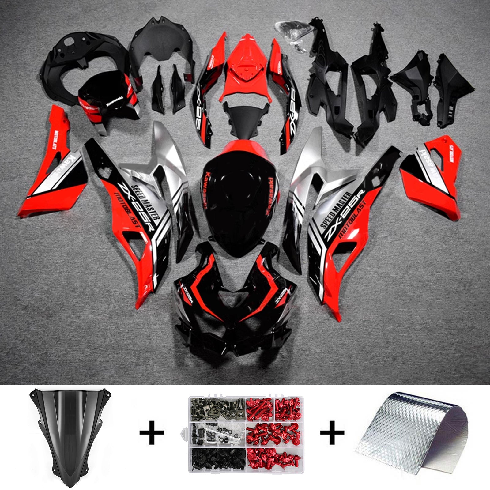 Amotopart 2019-2024 Ninja ZX-25R ZX-4R ZX-4RR Kawasaki レッド&シルバー フェアリングキット