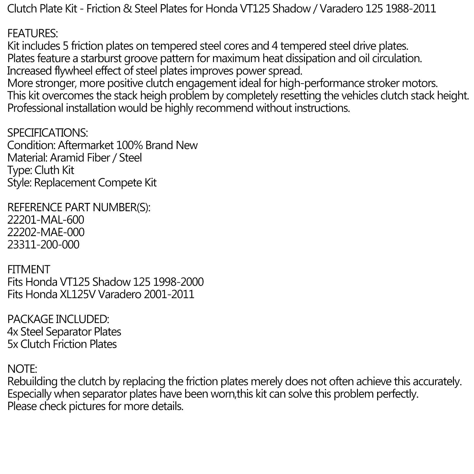 Kit frizione in acciaio e dischi attrito per Honda VT125 Shadow / Varadero 125 88-2011