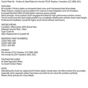 Clutch Kit Steel & Friction Plates for Honda VT125 Shadow / Varadero 125 88-2011