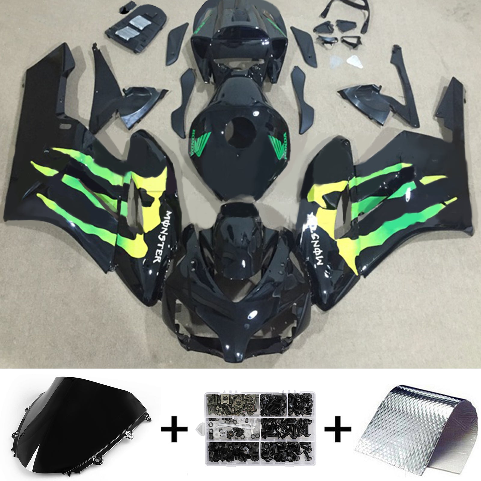 Amotopart 2004-2005 ホンダ CBR1000RR ブラック モンスターロゴ付き フェアリングキット