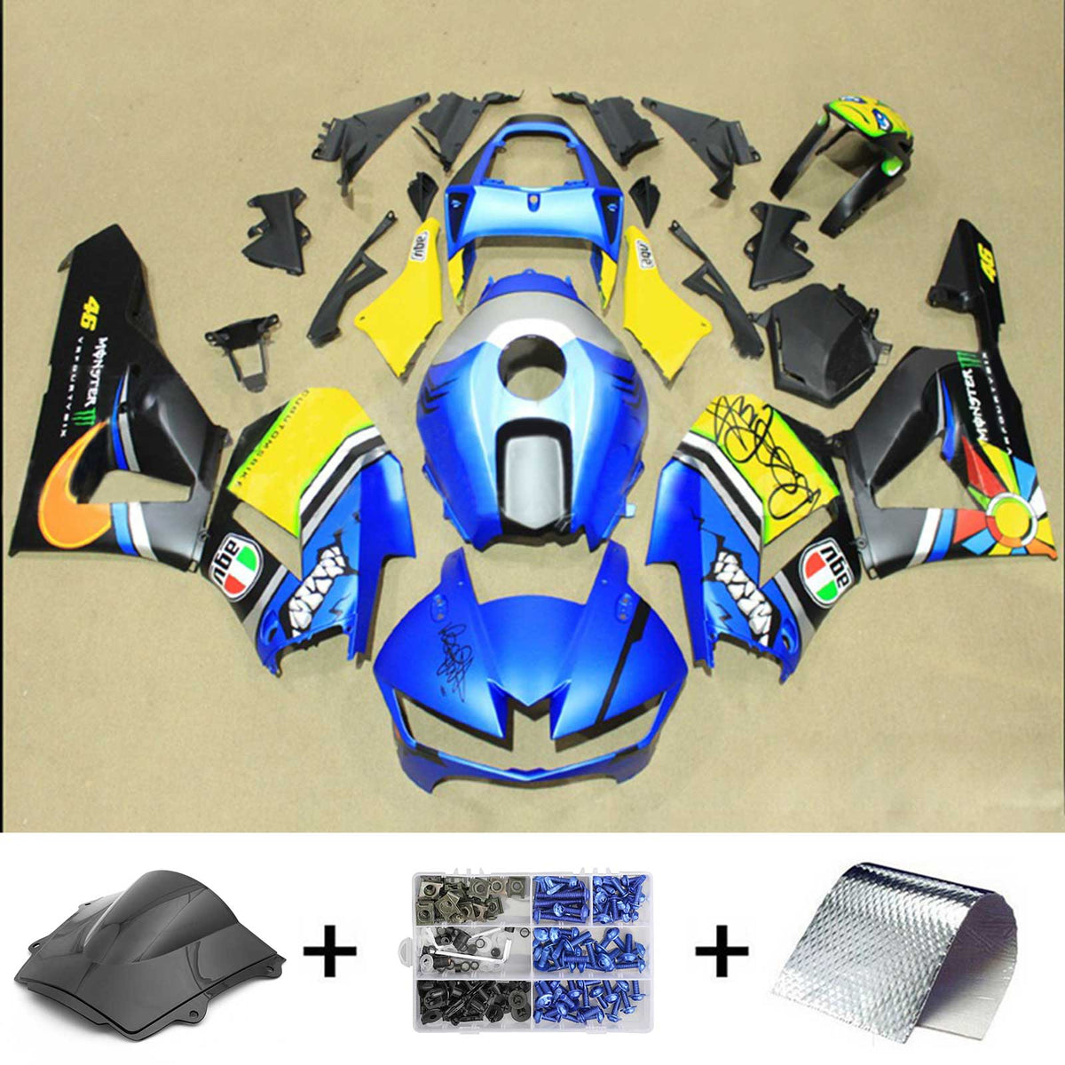 Amotopart 2013-2023 F5 CBR600RR Honda Kit de carénage jaune et bleu Style2