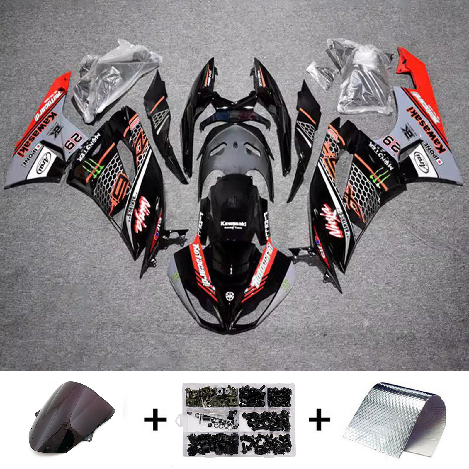 Amotopart 2009-2012 Kawasaki ZX6R 636 Black Red Grey Fairing Kit