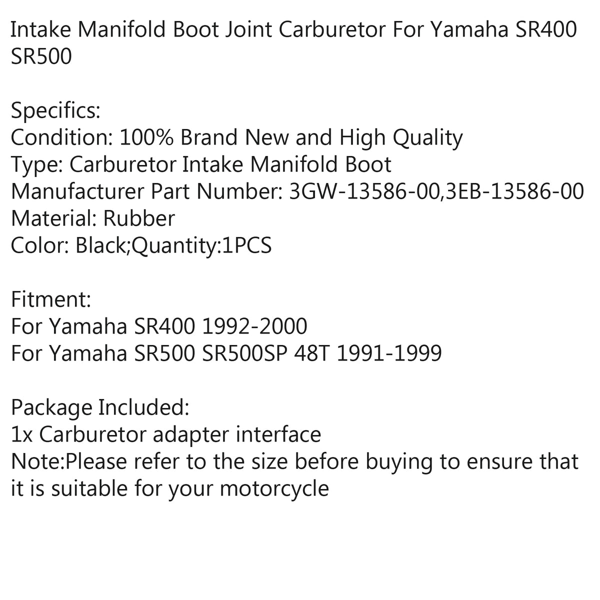 1992-2000 1991-1999 Yamaha SR400 SR500 Carburetor Intake Manifold Boots Set