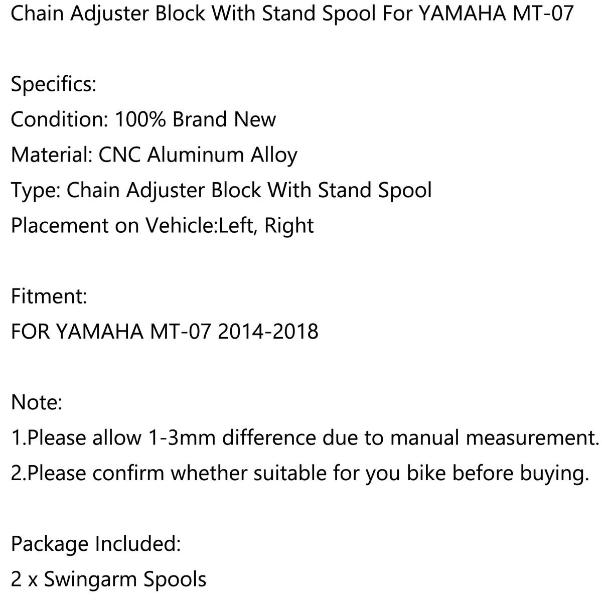 2014-2018 YAMAHA MT-07 Chain Adjuster Block W/Swingarm Spools Slider