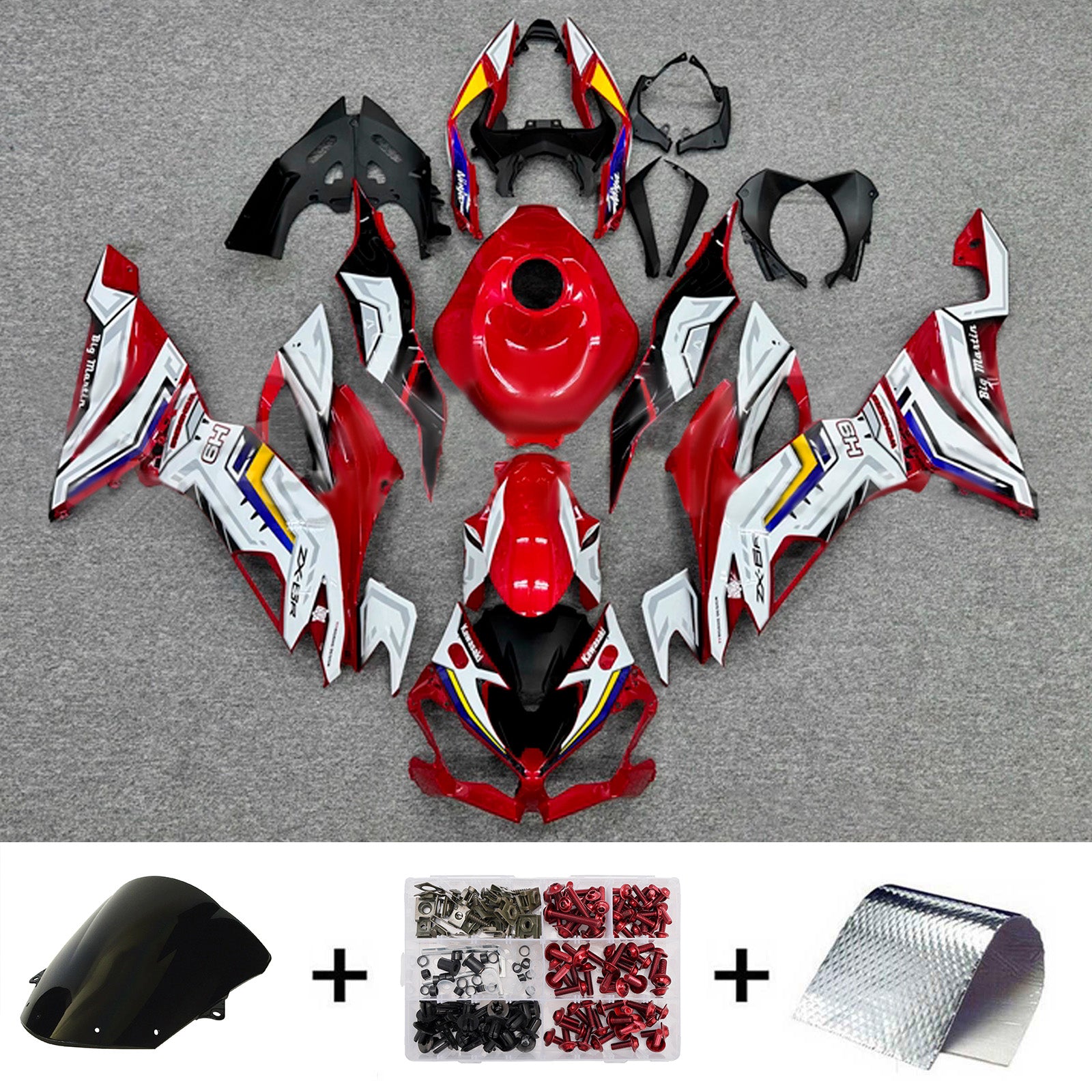 Amotopart 2019-2023 Kawasaki ZX6R Red White Black Fairing Kit