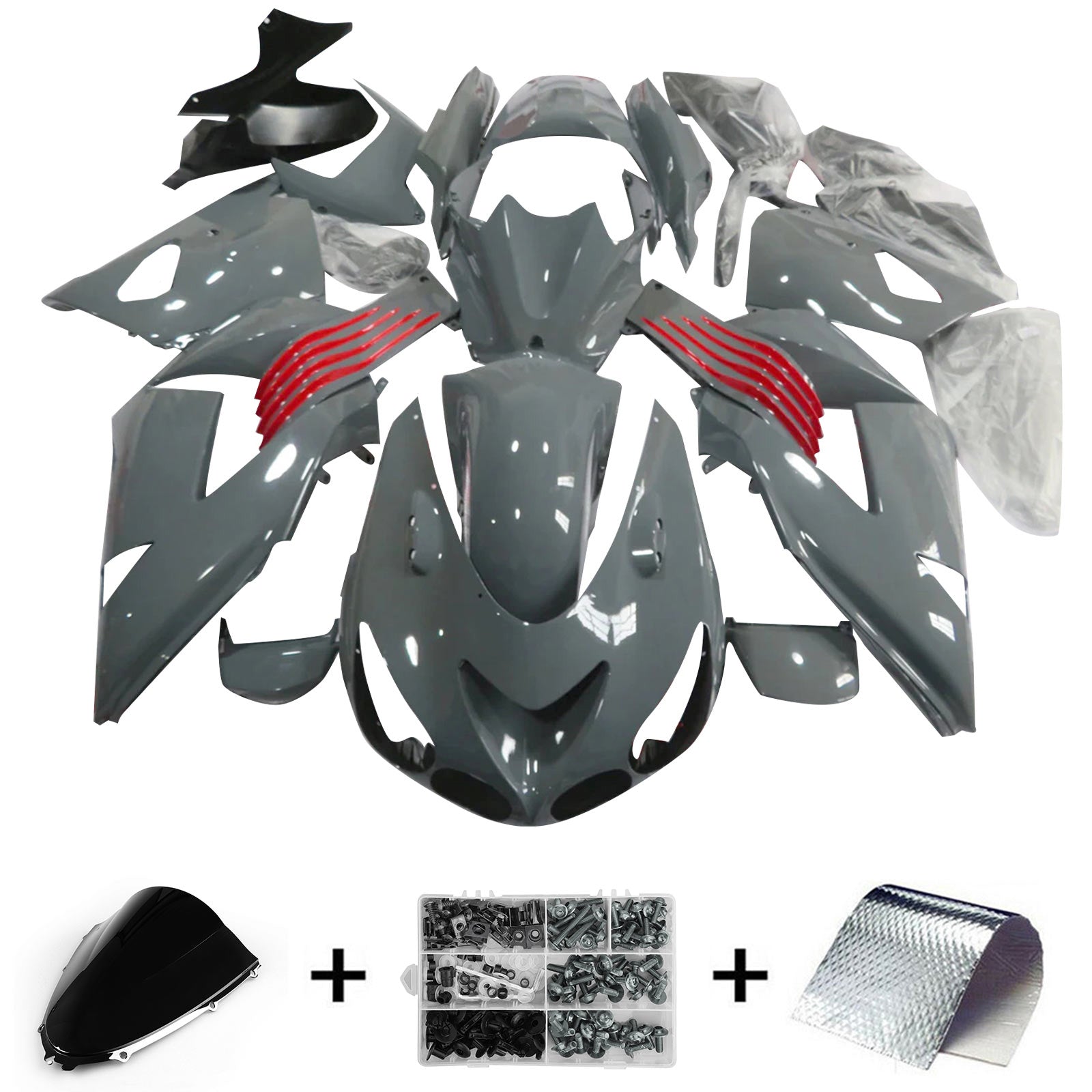 Amotopart 2006-2011 Kawasaki ZX14R ZZR1400 Kit de carenado blanco gris y rojo