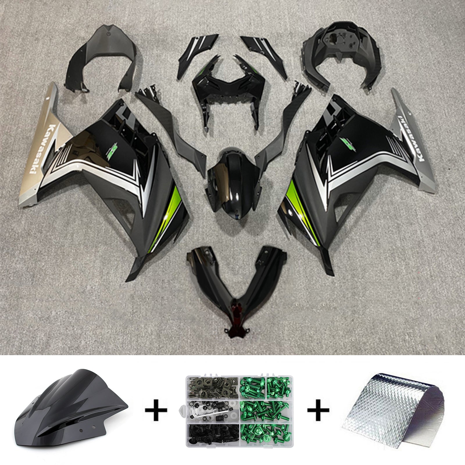 Amotopart 2013-2024 Kawasaki EX300/Ninja300 Kit de carenado negro y verde Style2