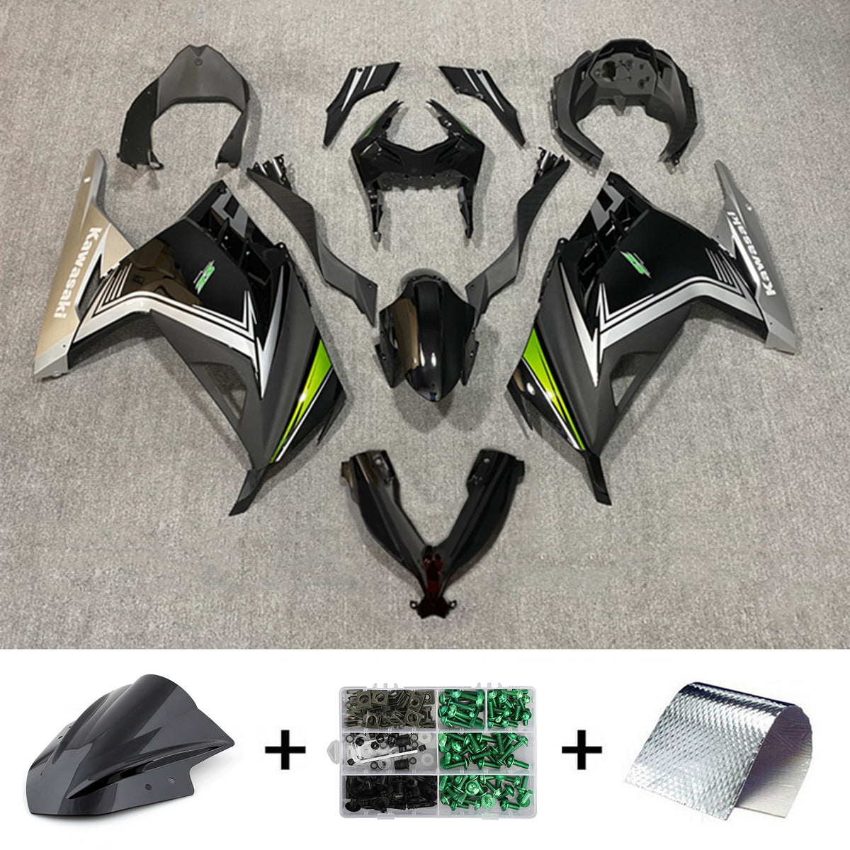Amotopart 2013-2024 Kawasaki EX300/Ninja300 Black&Green Style2 Fairing Kit