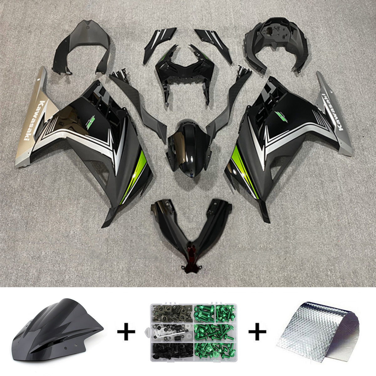 Amotopart 2013-2024 Kawasaki EX300/Ninja300 Schwarz&amp;Grün Style2 Verkleidungssatz