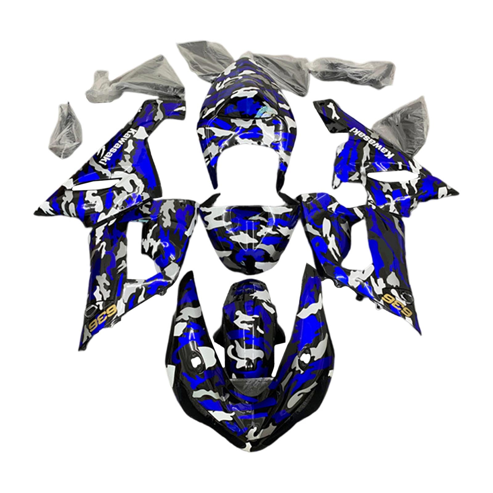 Amotopart 2005–2006 Kawasaki ZX6R 636 blau-weißes Camouflage-Verkleidungsset