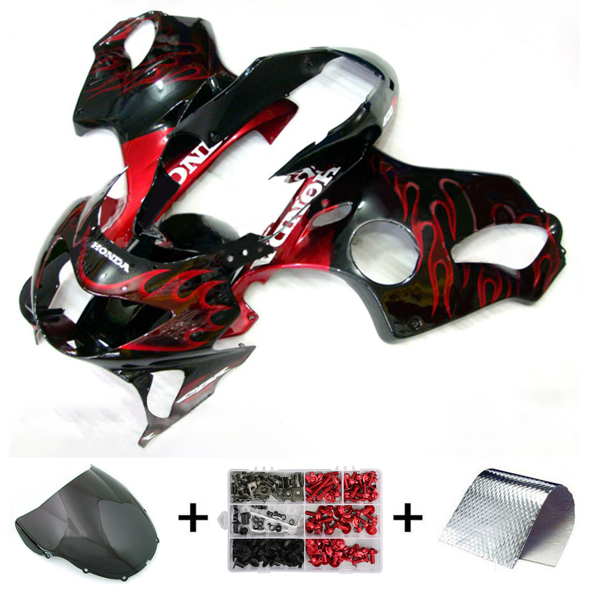 Amotopart 1999-2000 CBR600 F4 Honda negro con kit de carenado de llama roja