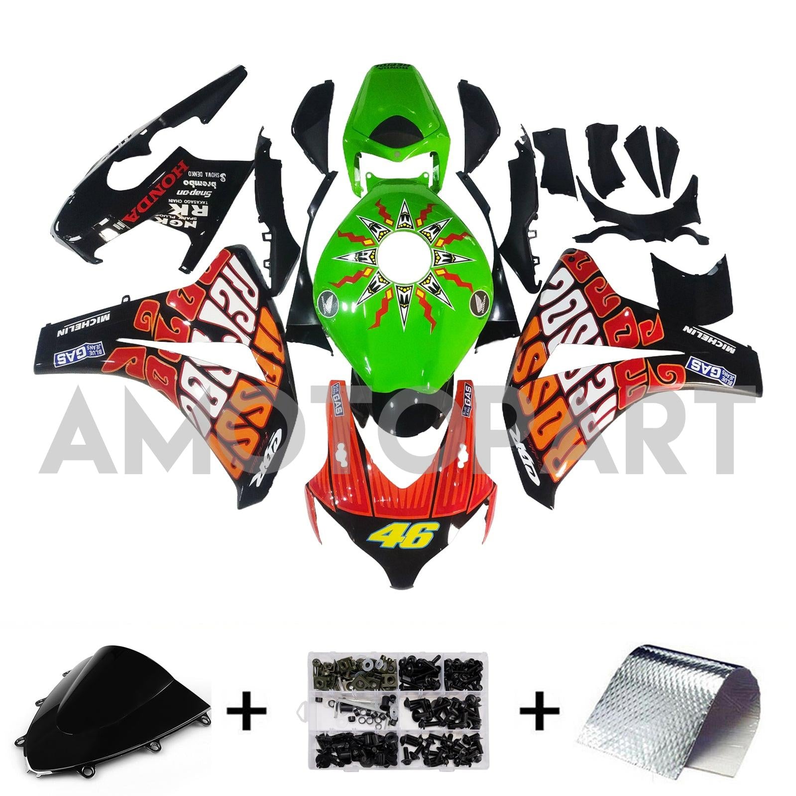 Amotopart 2008–2011 Honda CBR1000RR Grün Schwarz mit Aufkleber-Verkleidungsset