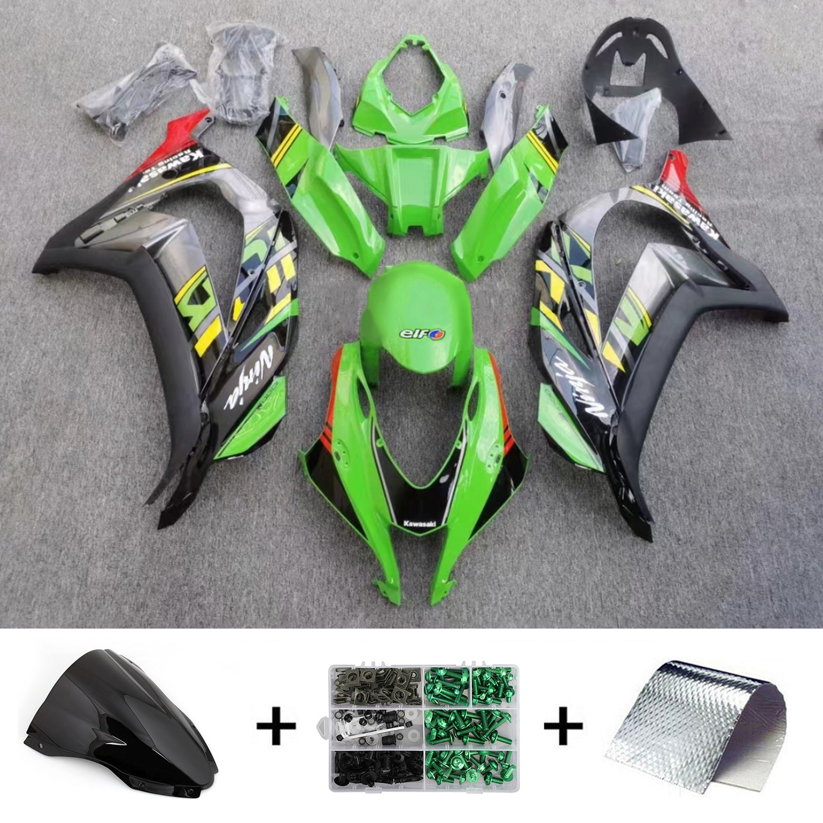 Amotopart 2016-2020 Kawasaki ZX10R ブラック&グリーン Style7 フェアリングキット