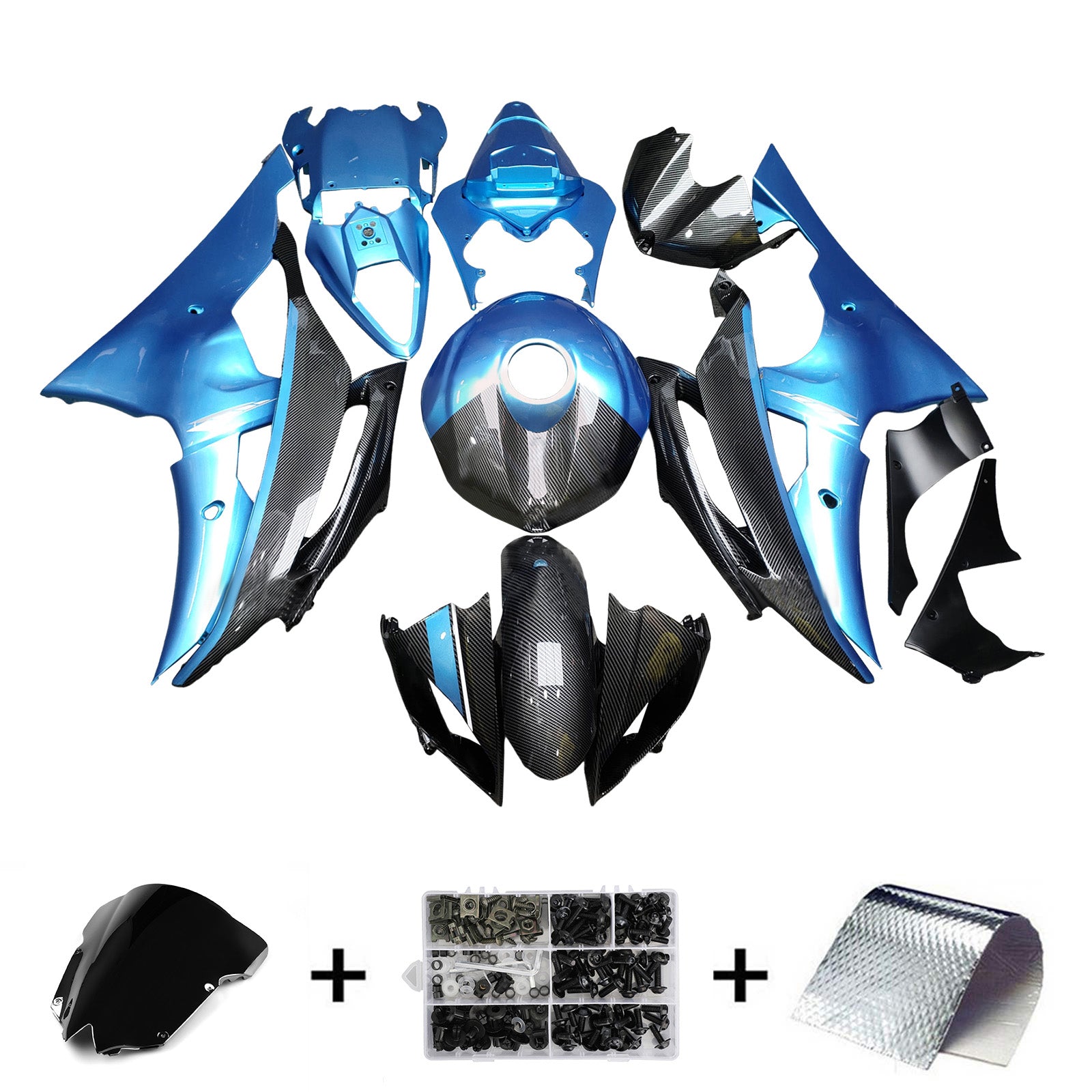 Amotopart 2008-2016 Yamaha YZF-R6 Blue & Black Carbon Fiber Pattern Fairing Kit