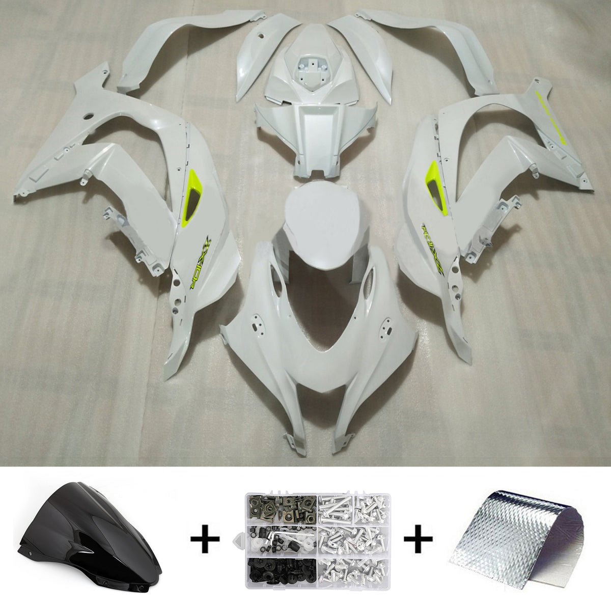 Amotopart 2016-2020 Kawasaki ZX10R White&Yellow Fairing Kit