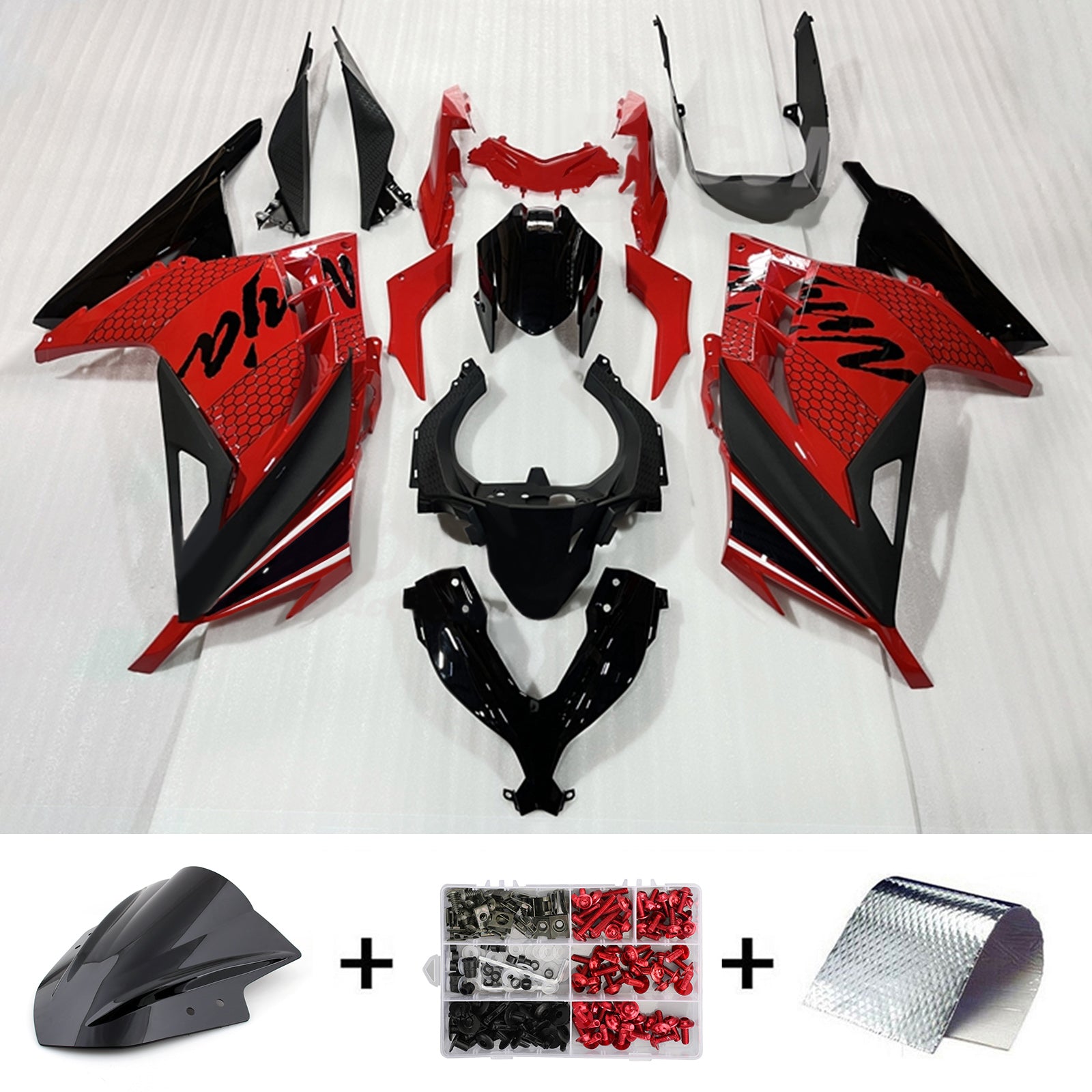 Amotopart 2013-2024 Kawasaki EX300/Ninja300 Kit de carénage rouge et noir