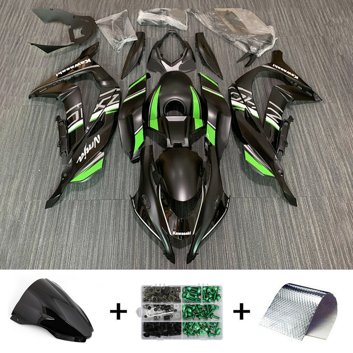 Amotopart 2016-2020 Kawasaki ZX10R Black&Green Style10 Fairing Kit