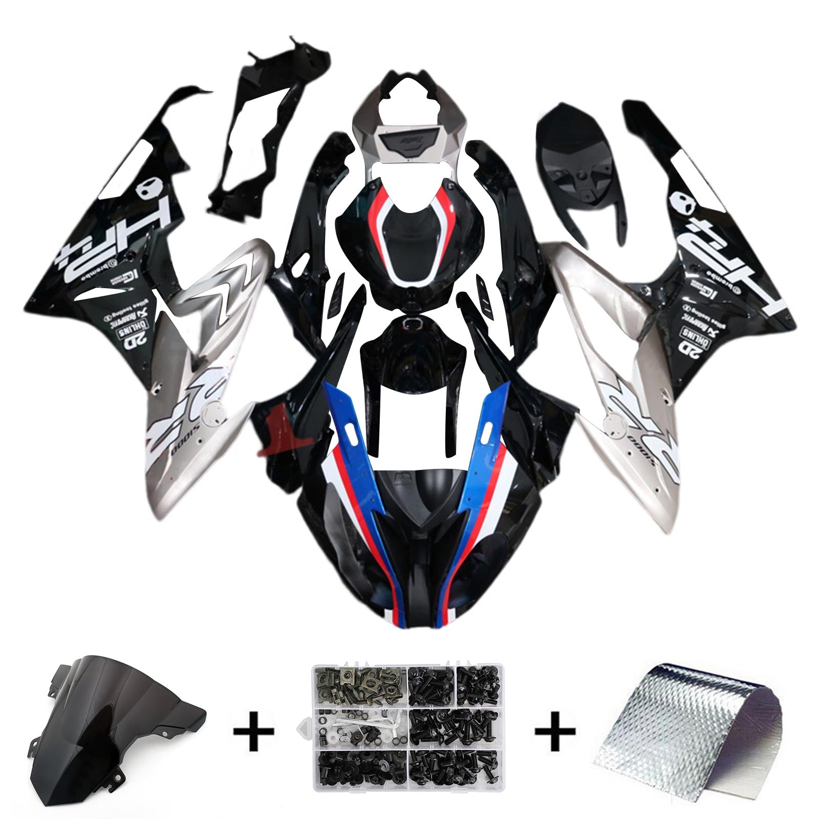 Kit de carénage Amotopart BMW S1000RR 2015-2016 noir et argent