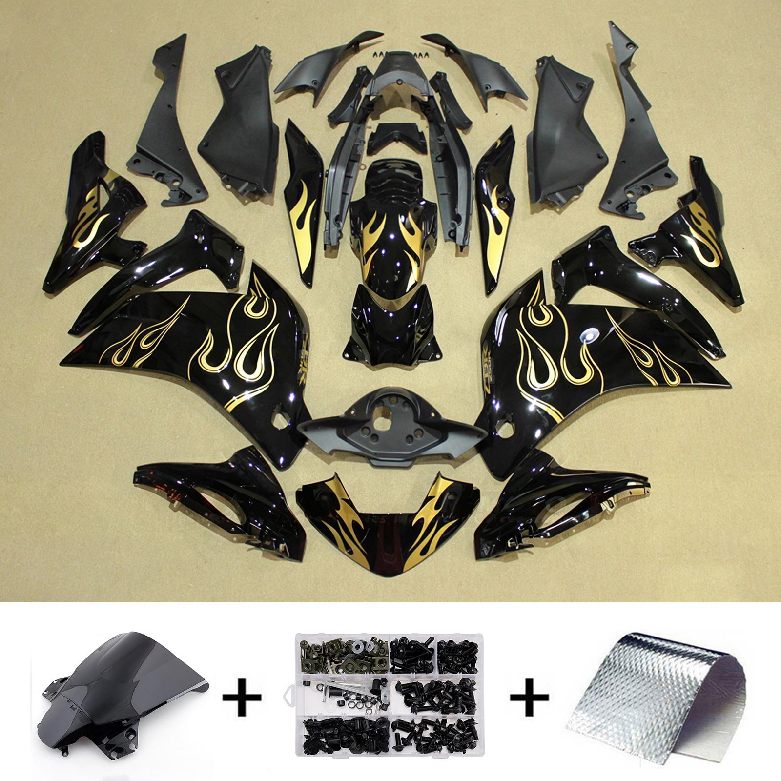 Amotopart 2011-2015 ホンダ CBR250R ブラック/ゴールド フェアリングキット