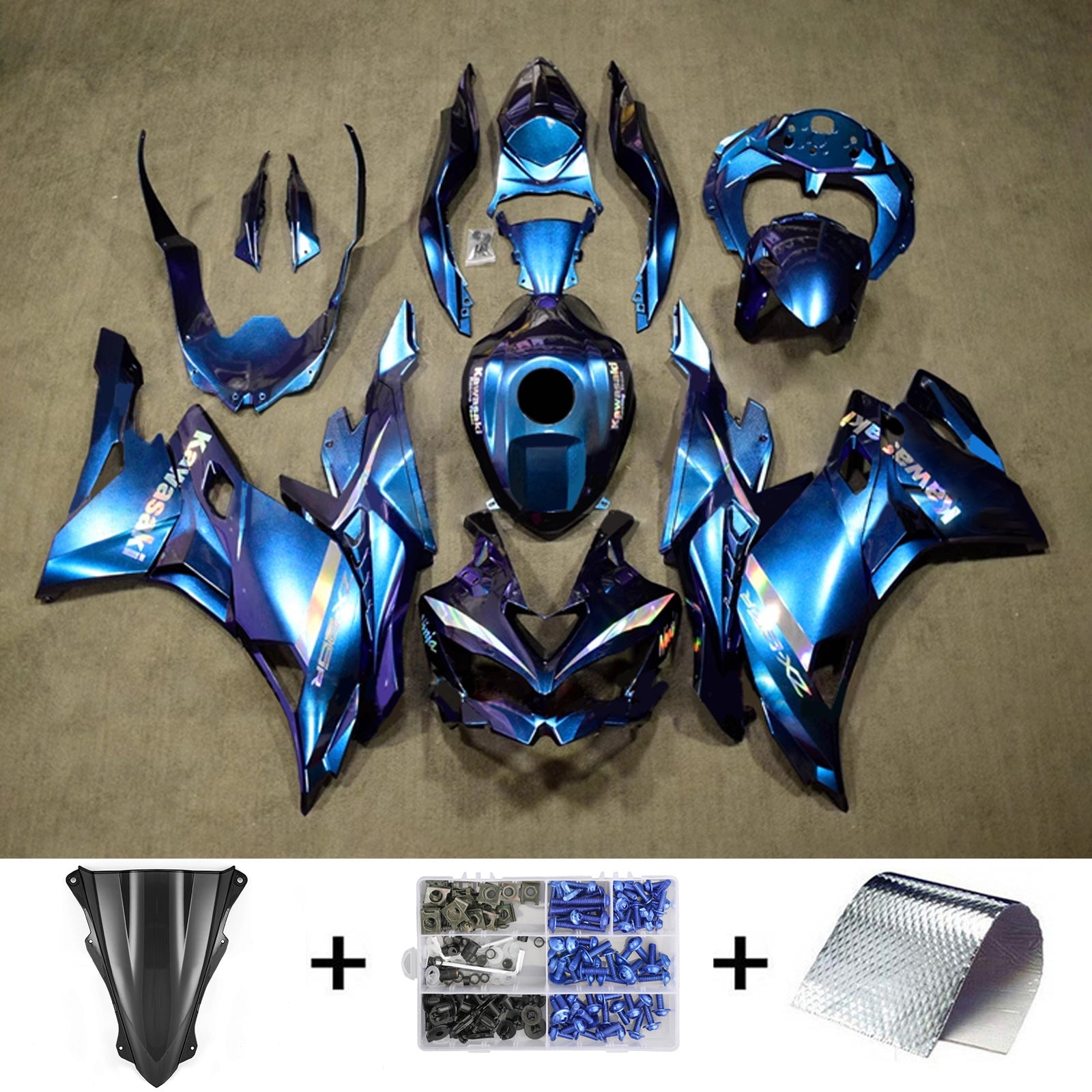 Amotopart 2019-2024 Ninja ZX-25R ZX-4R ZX-4RR Kawasaki Kit de carénage violet et bleu dégradé